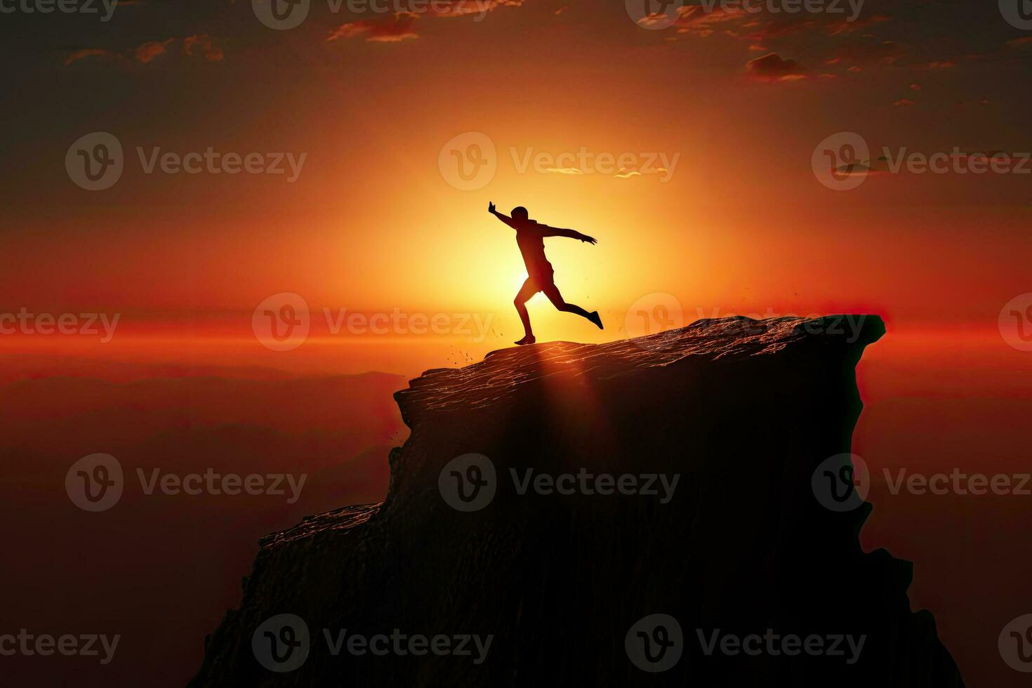 Silhouette of a man at a cliff during sunset. AI Generated photo