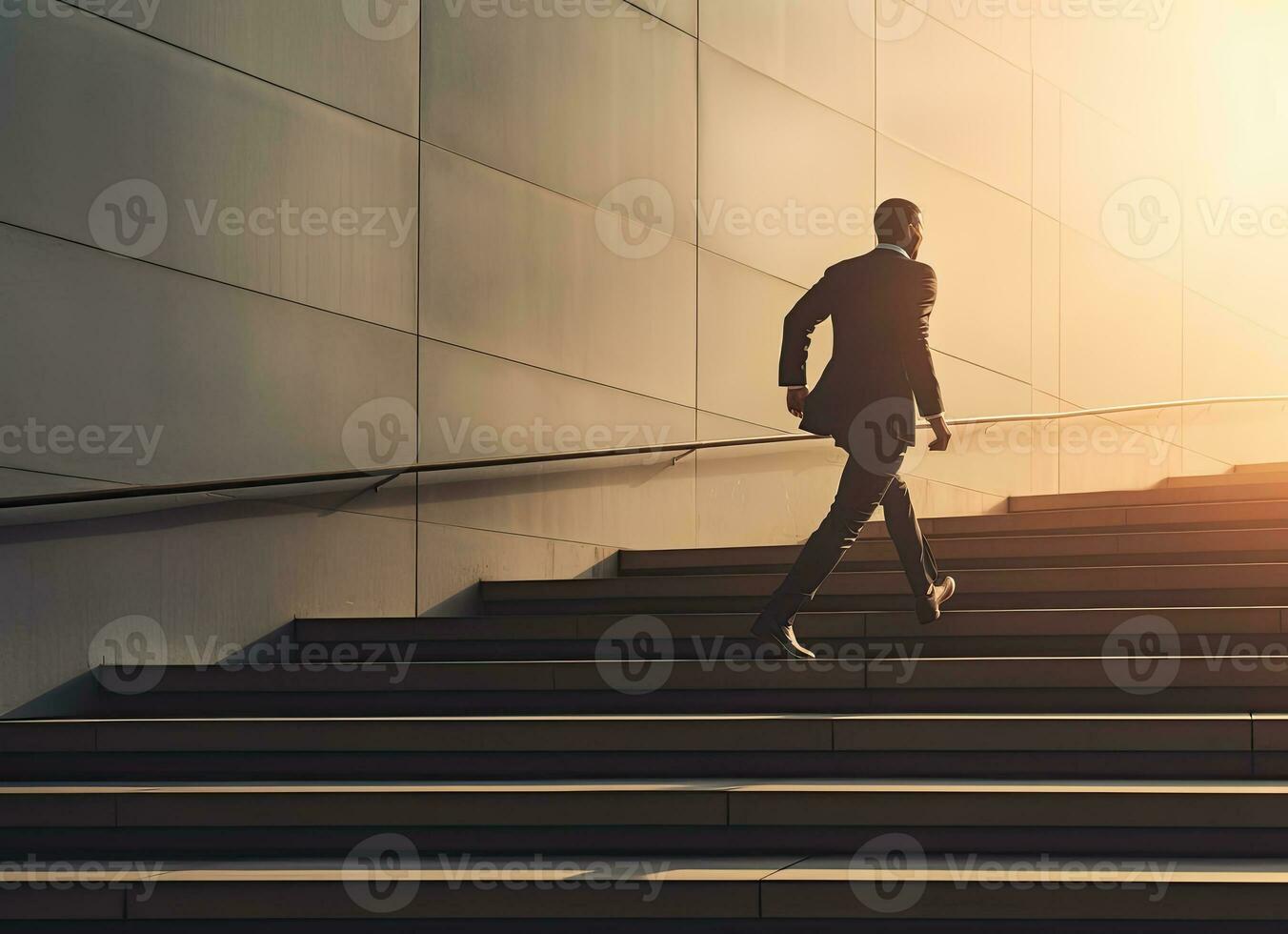 A man in a suit walking up a set of stairs. AI Generated photo