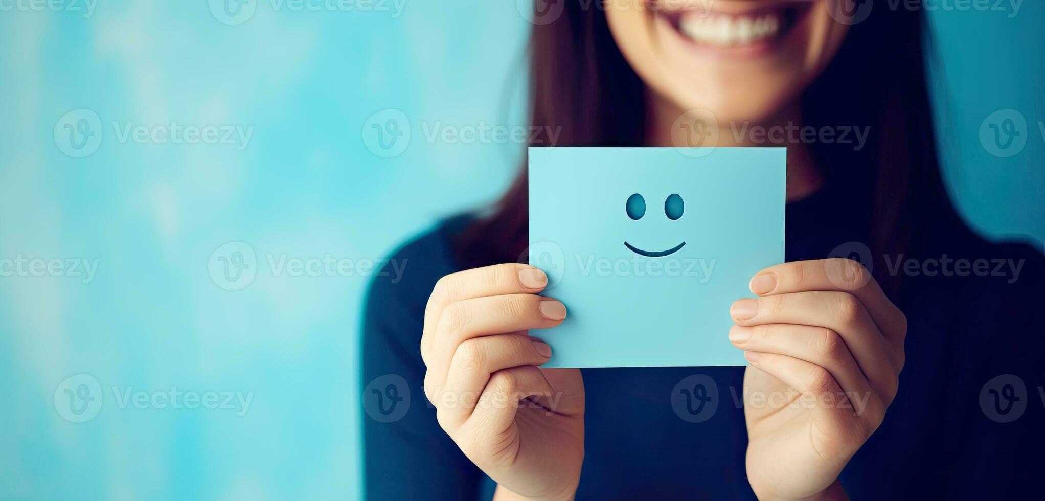 Smiling woman holding a card with a smiley face. Positive concept. AI Generated photo