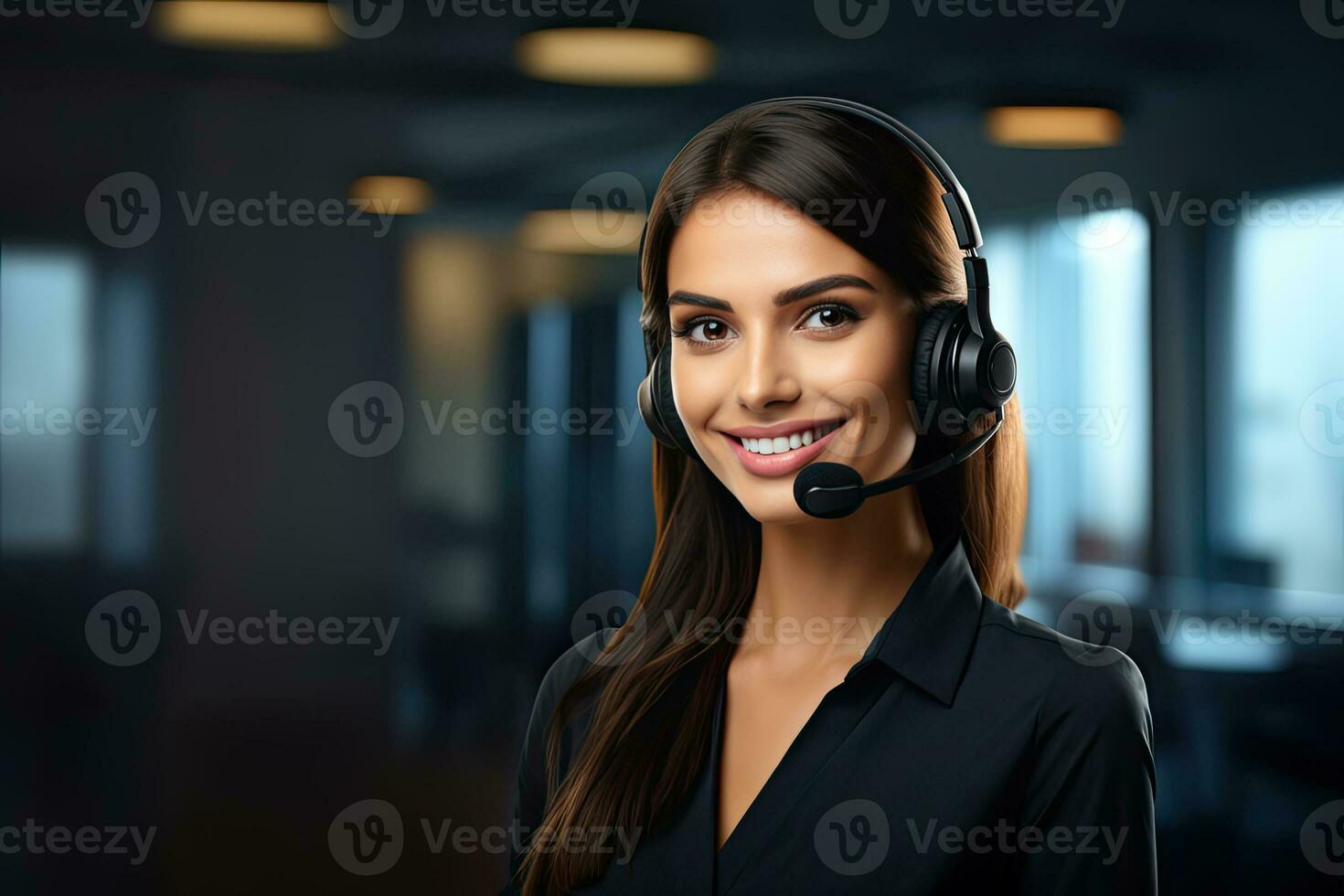 young support phone operator in headset, at the office. AI Generated photo