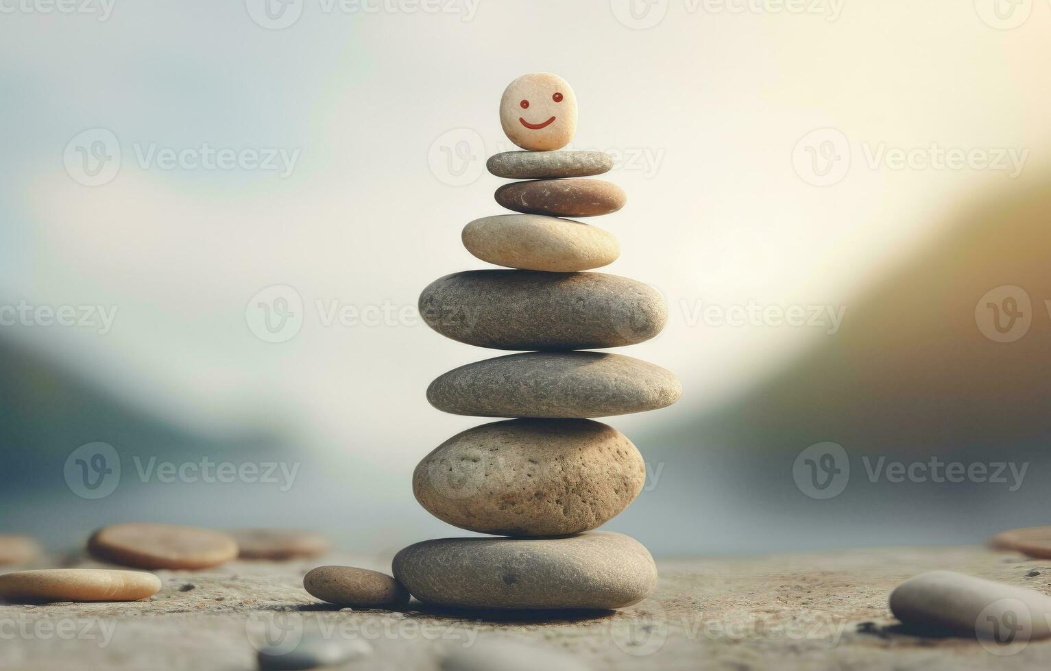 Smiley face on top of stack of stones. Stability and balance concept. AI Generated photo