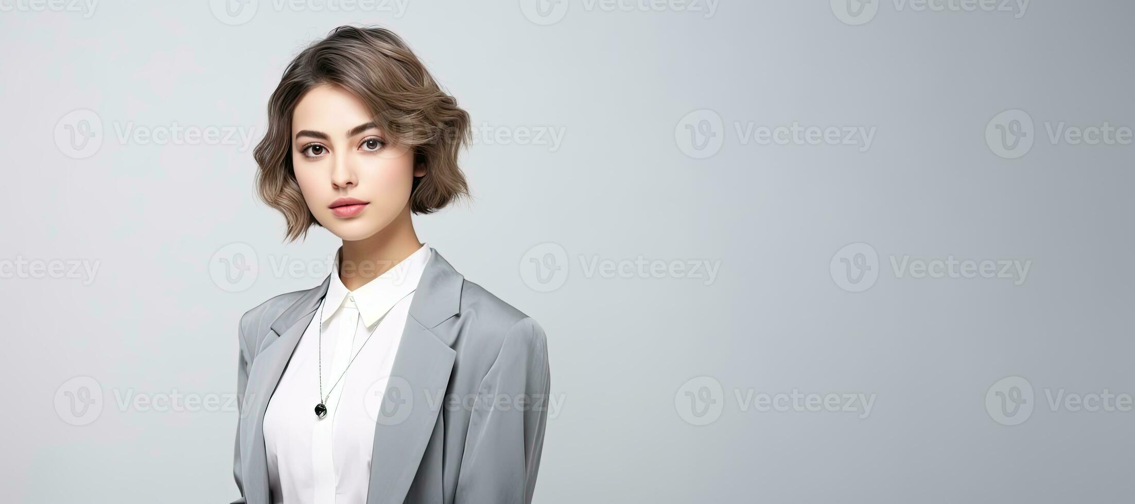 Portrait of young business woman with professional make-up, copy space. AI Generated photo