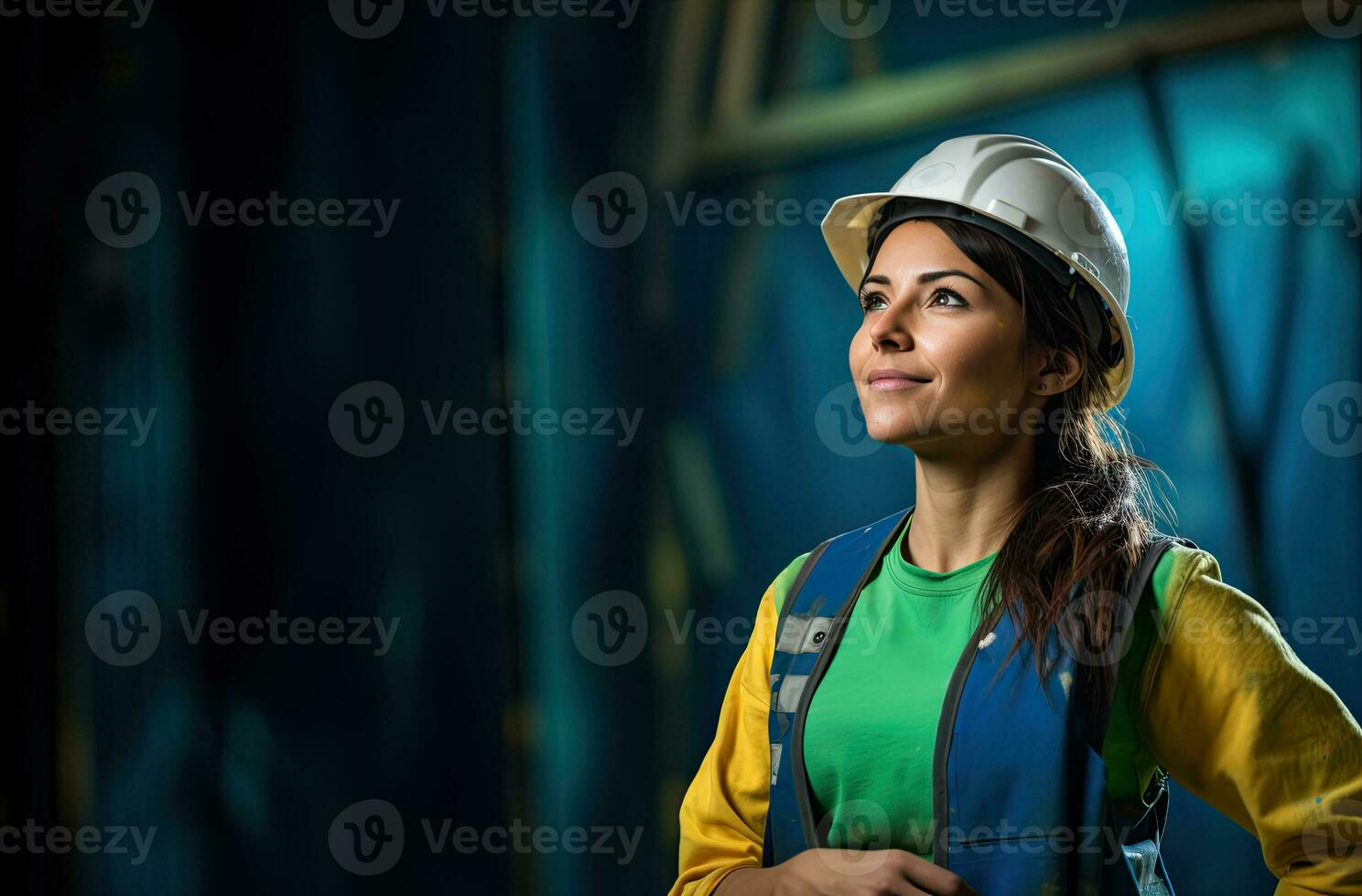 female worker in hardhat standing against industrial background. AI Generated photo