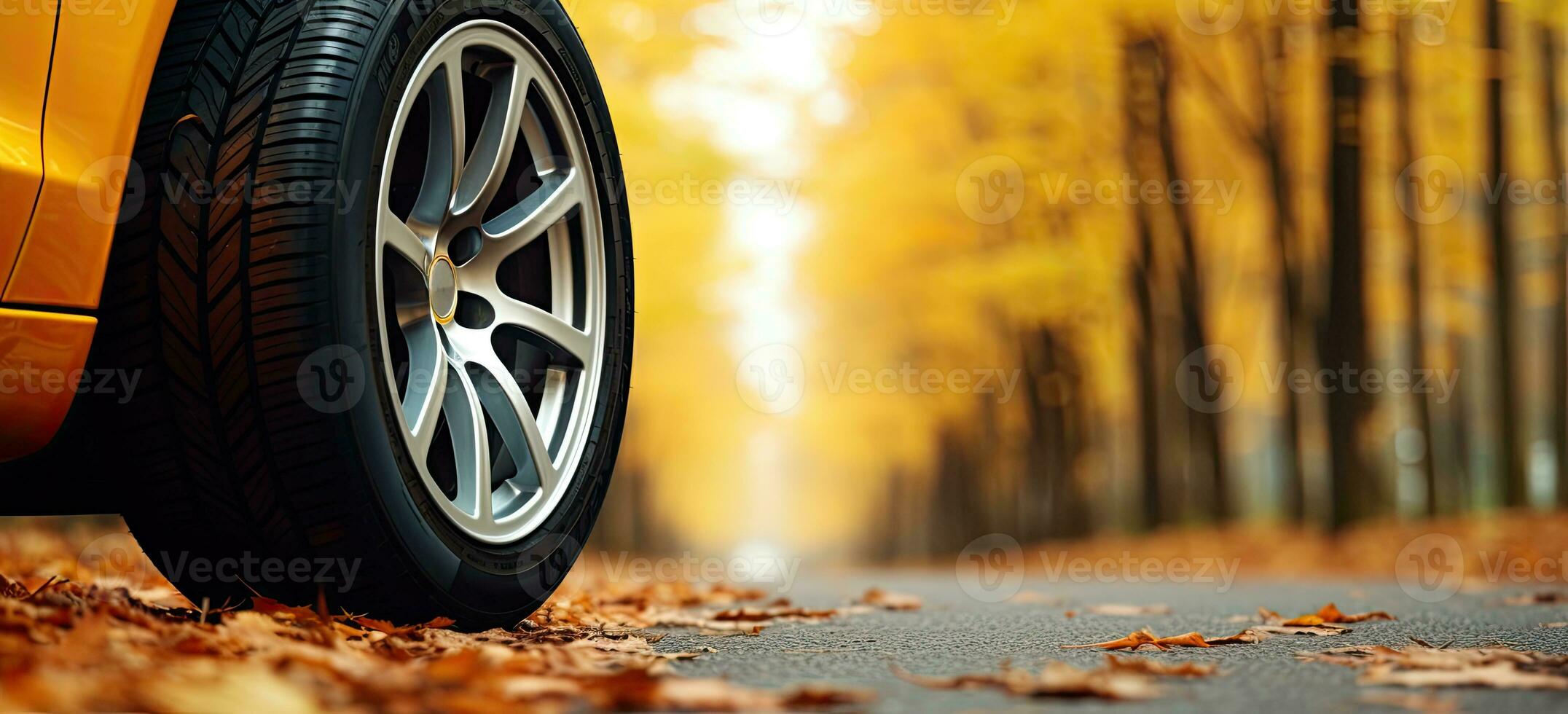 Car on an asphalt road with autumn leaves on copy space. AI Generated photo