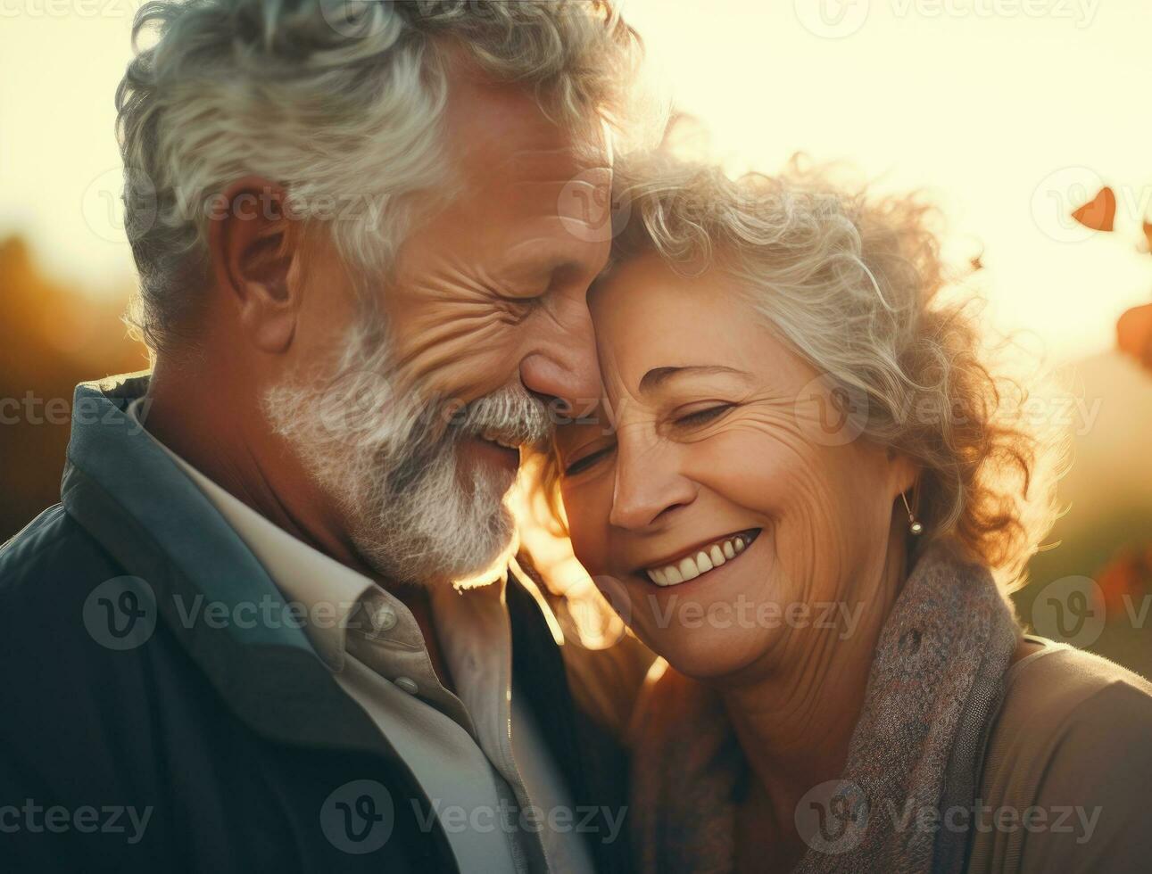 A senior couple embracing each other during sunset. Love concept. AI Generated photo