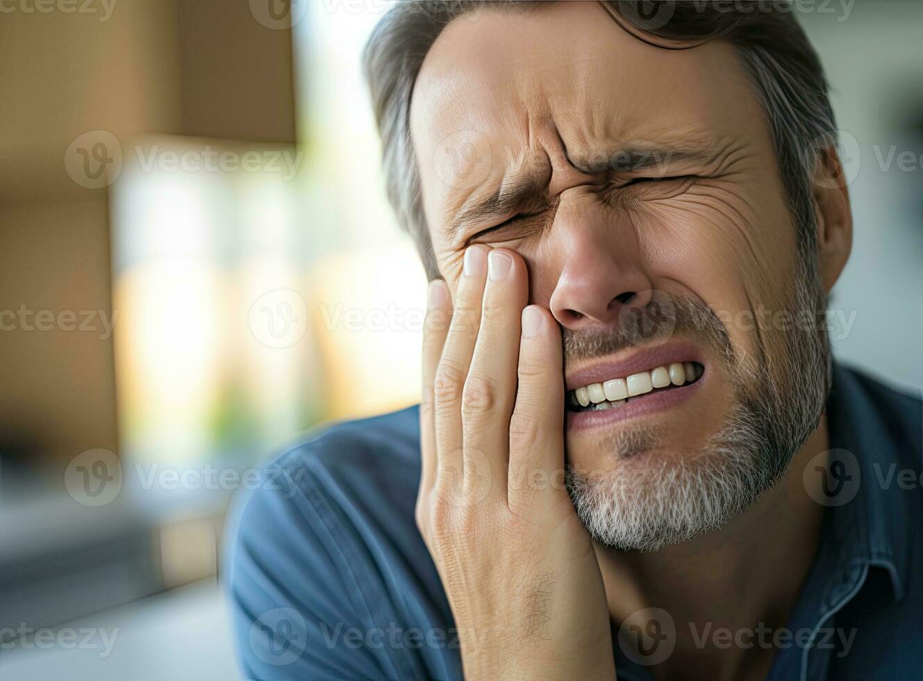 A mature man having a toothache in his office. AI Generated photo