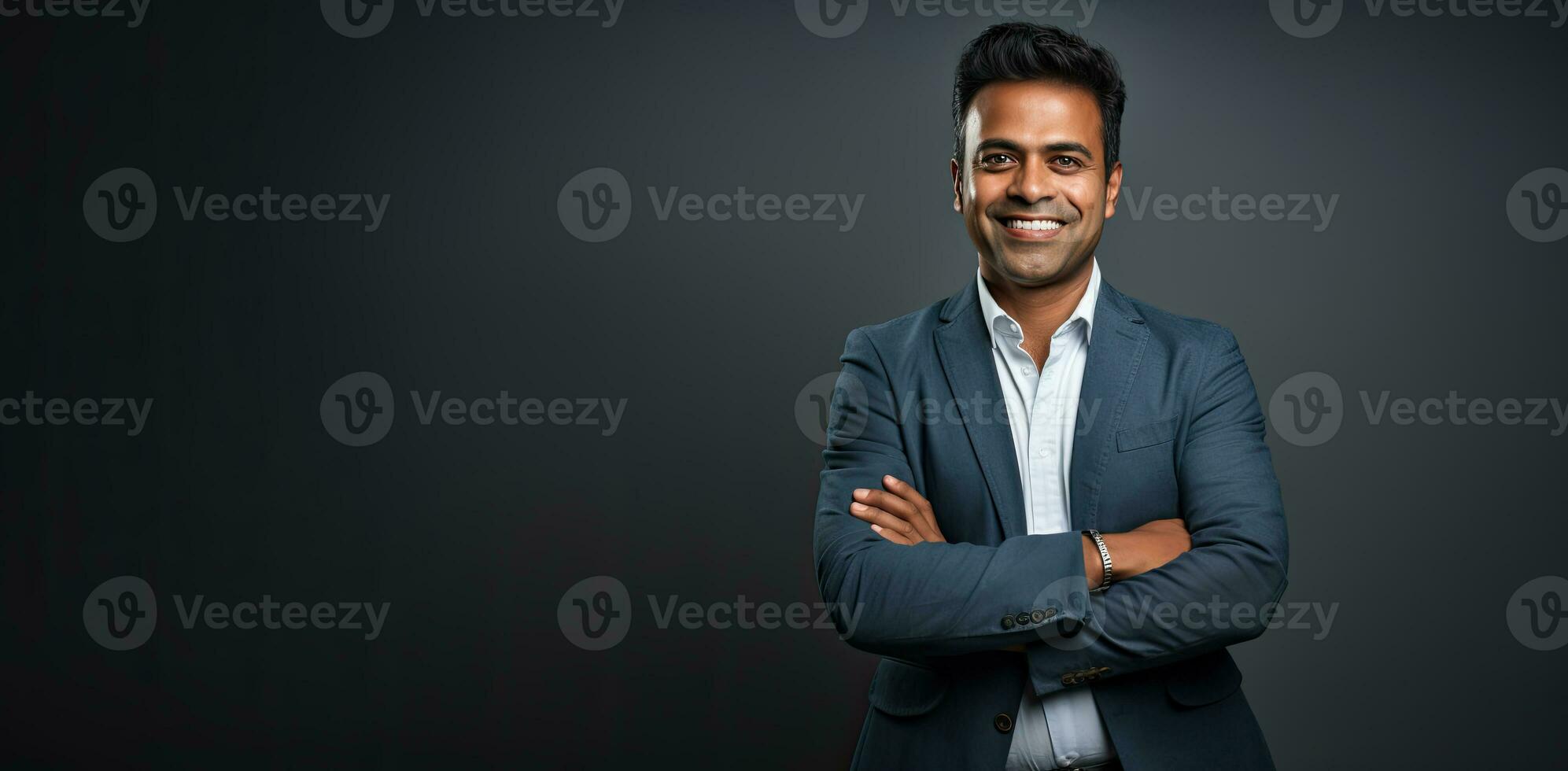 Indian businessman with crossed arms on copy space. AI Generated photo