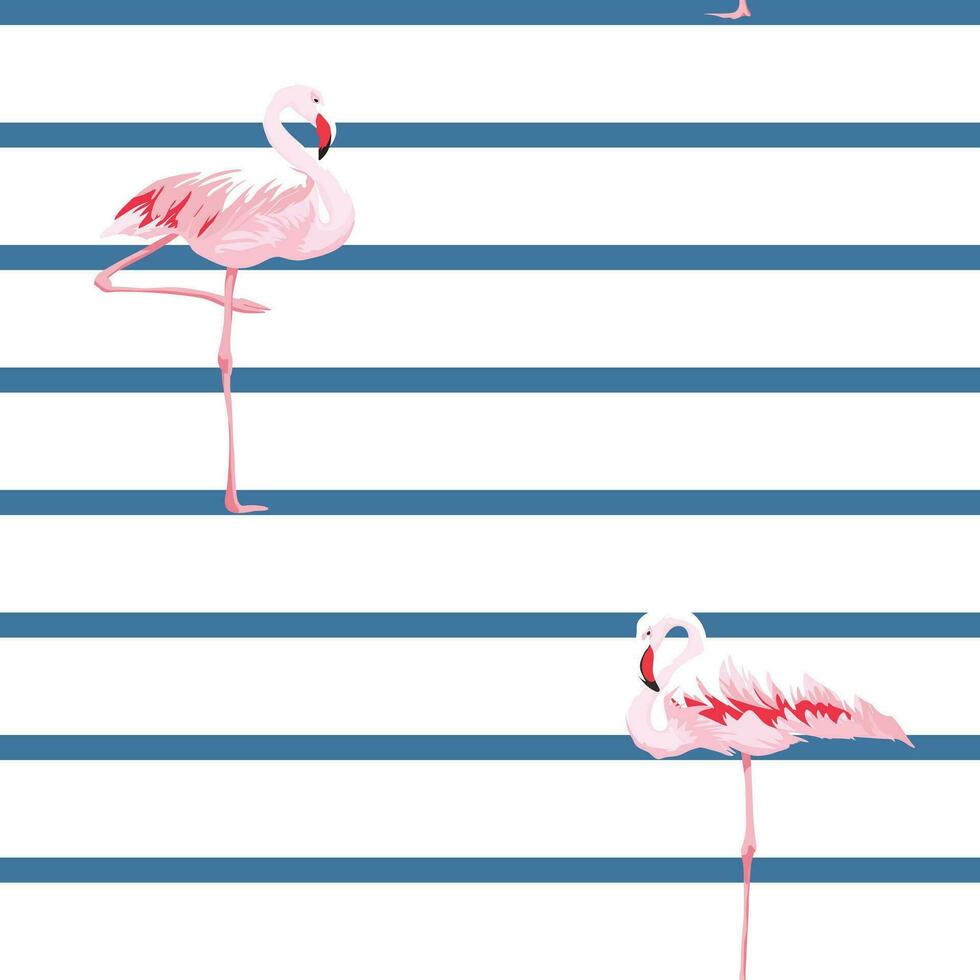 flamingo on blue and white stripes seamless pattern vector