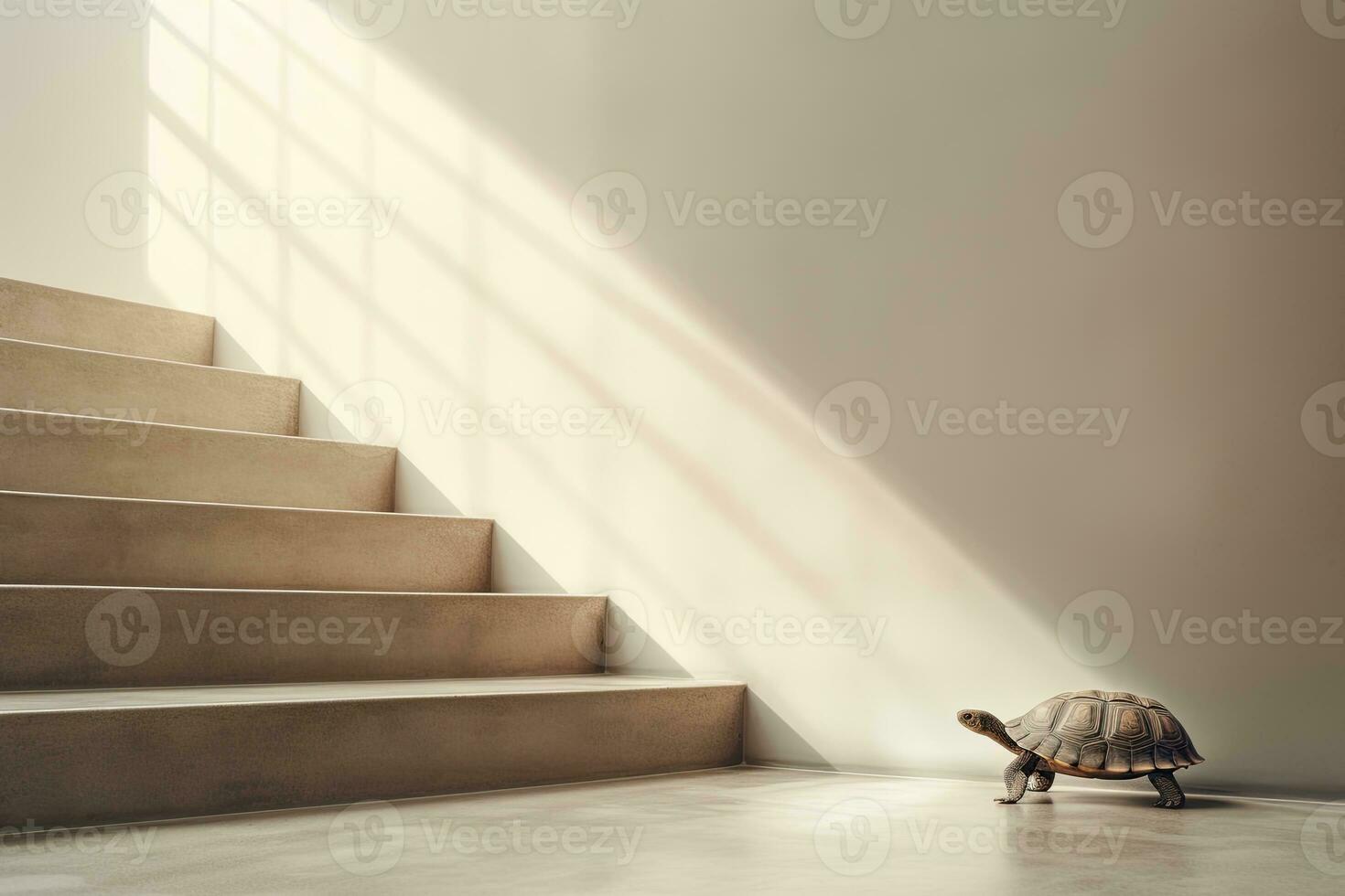 A tortoise crawls in front of stairs. Perseverance and determination. AI Generated photo