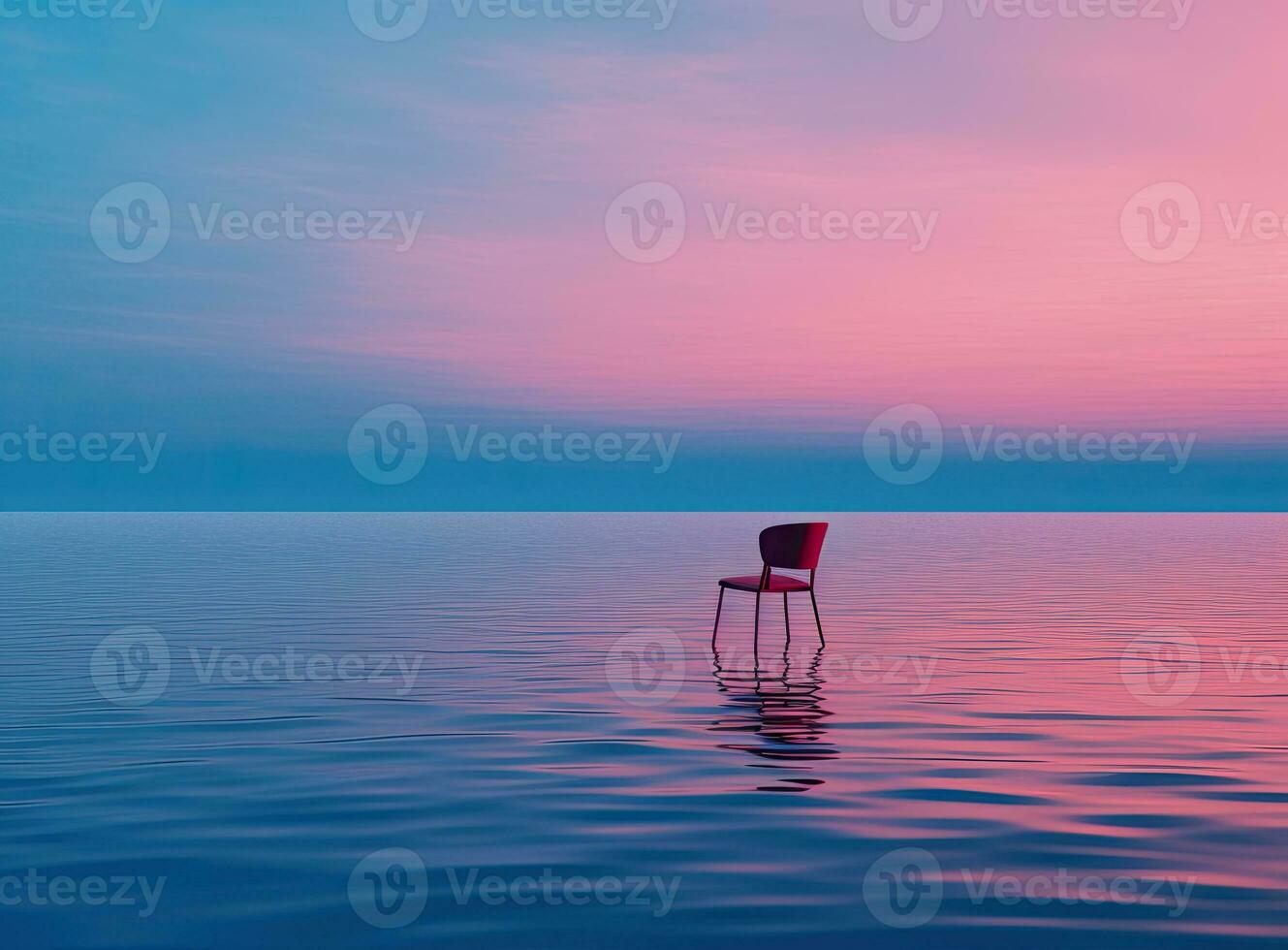 un silla en el mar a puesta de sol. soledad y unidad con naturaleza concepto. ai generado foto