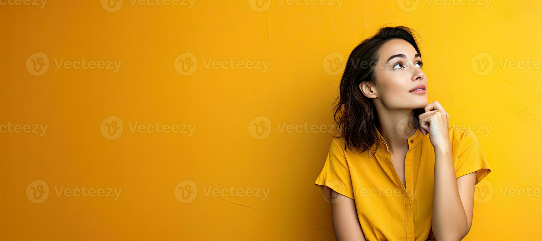 Young woman thinking while looking away on a yellow background, with copy space. AI Generated photo
