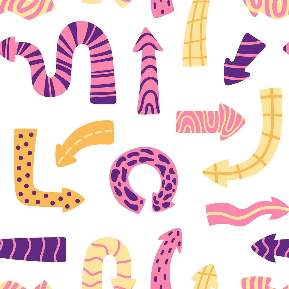 Vector colorful seamless pattern with cartoon playful arrows in trendy style. Abstract dynamic arrow pointers on white background. Texture arrows seamless pattern. Funny wrapping design.