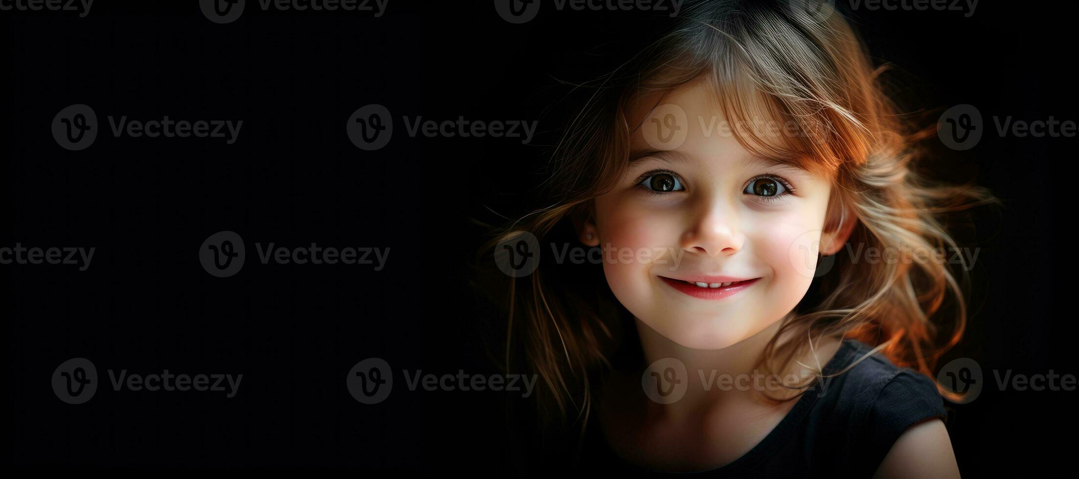 A little girl on a black background with copy space. Childhood concept. AI Generated photo