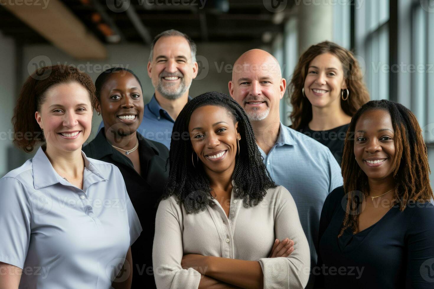 Smiling businesspeople standing in an office with arms crossed. Multiethnic team. AI Generated photo