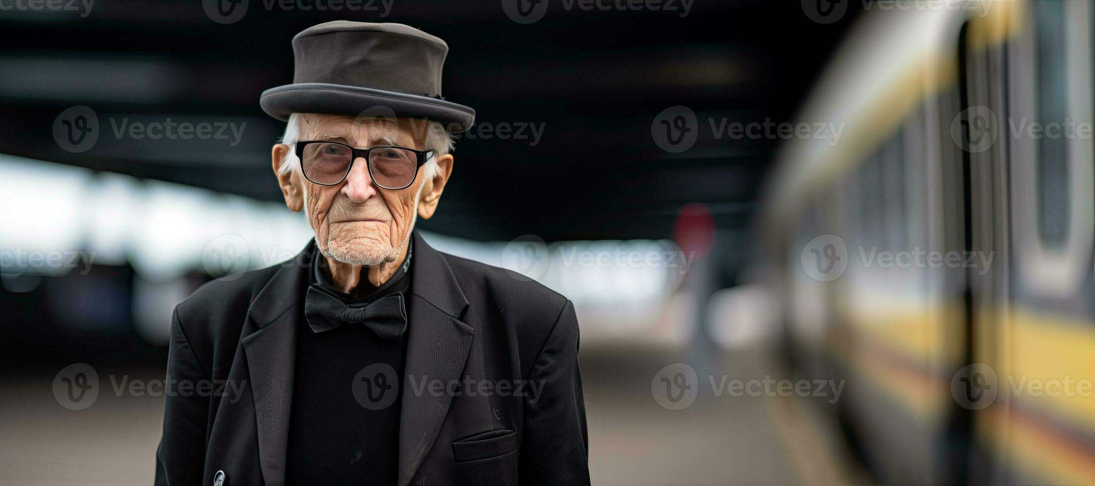 An elderly man in a subway. Aging, and the passage of time concept. AI Generated photo