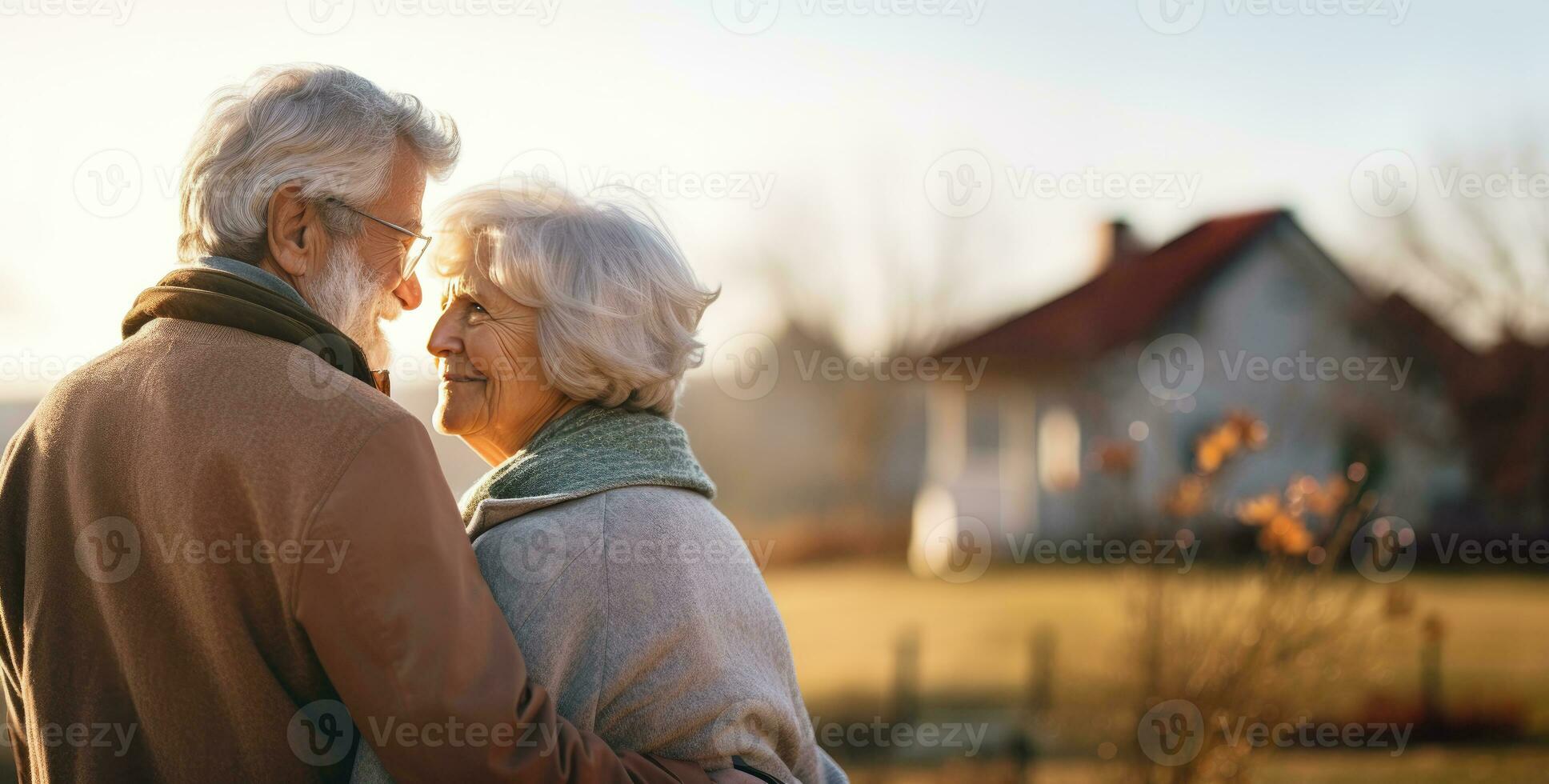 Senior couple embracing each other outdoors with copy space. AI Generated photo