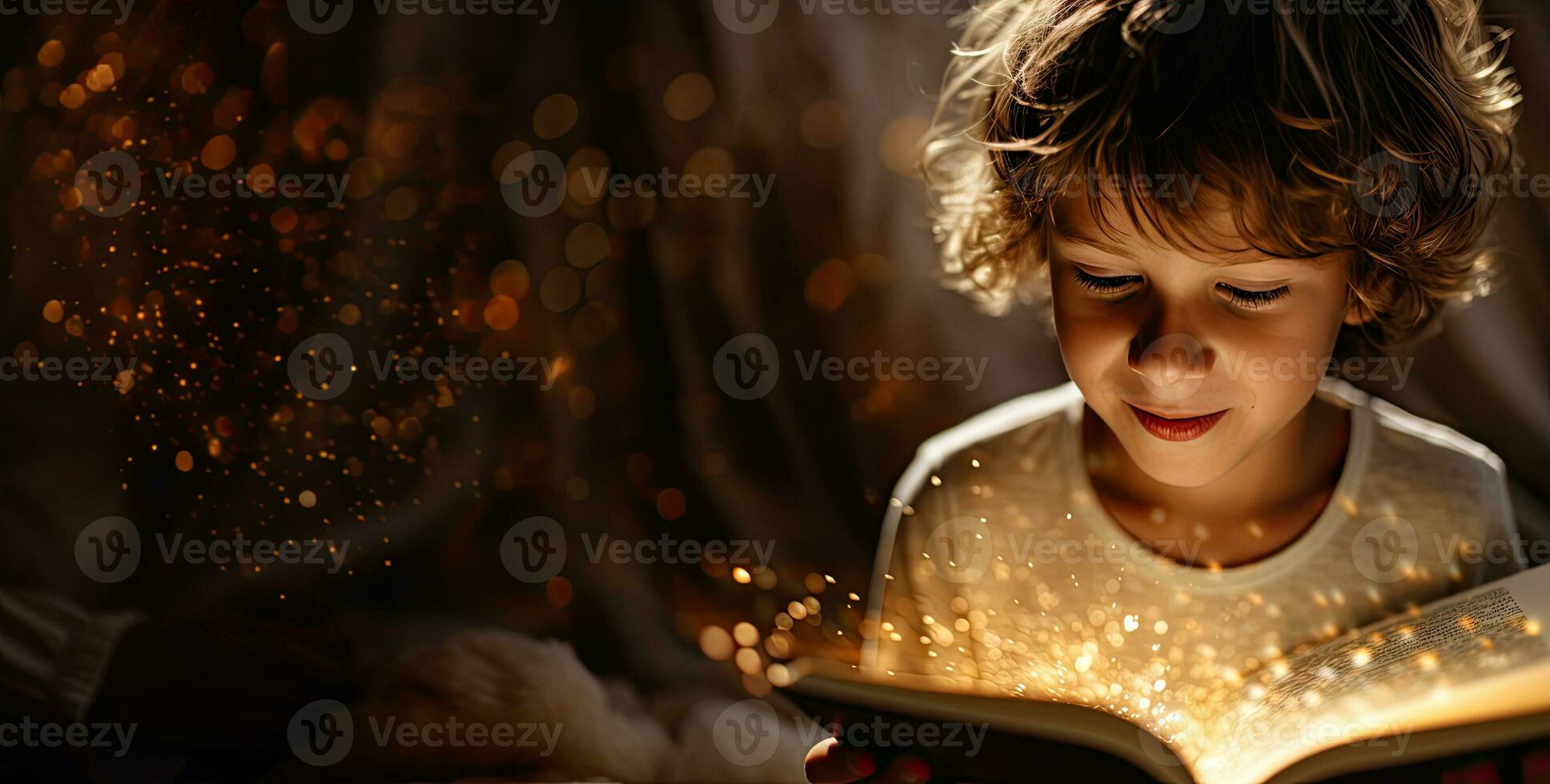 pequeño chico leyendo un libro. concepto de sabiduría, imaginación. ai generado foto