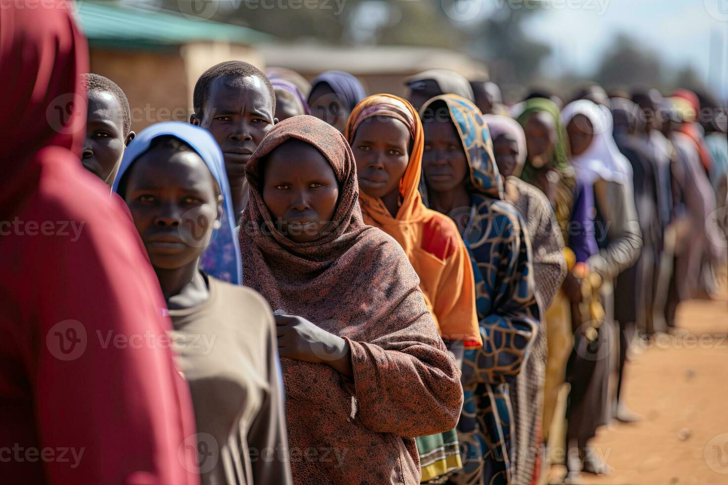 Poor black villagers standing in a line. Poverty and social issues. AI Generated photo