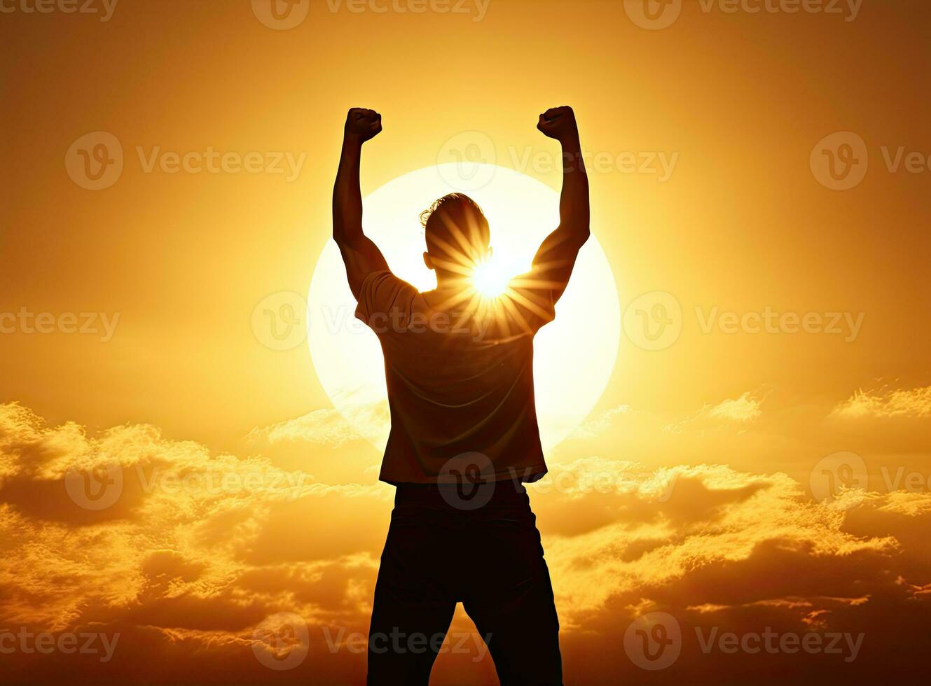 silhouette of a man with arms raised. Victory and success concept. AI Generated photo