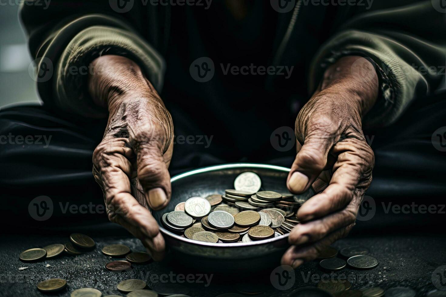 Pair of old hands holding a bowl filled with coins. Poverty concept. AI Generated photo