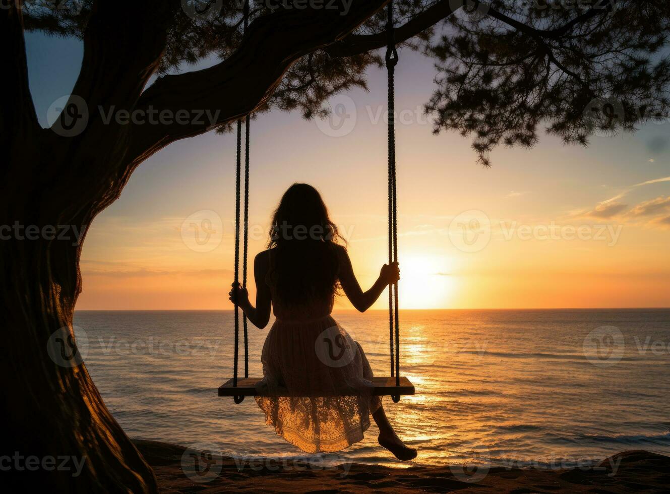 A disabled woman with amputee on swing at sunset. Disability concept. AI Generated photo