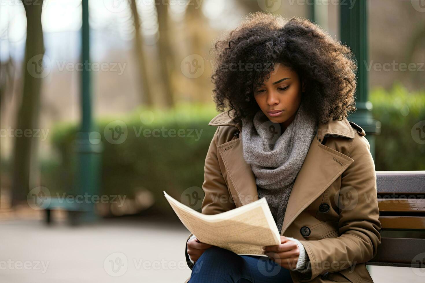 A young African American woman reading a newspaper. Job hunting. AI Generated photo