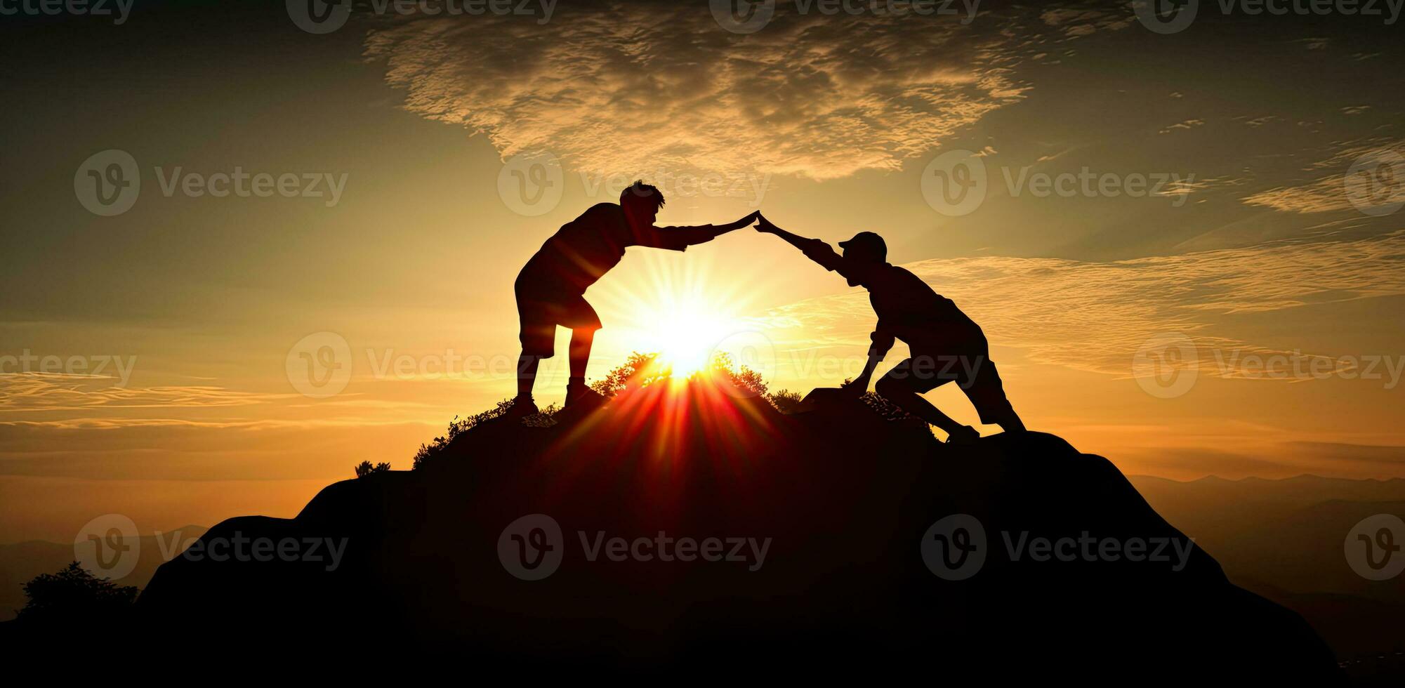 Teamwork concept. Silhouette of two people helping each other climb up a mountain. AI Generated photo