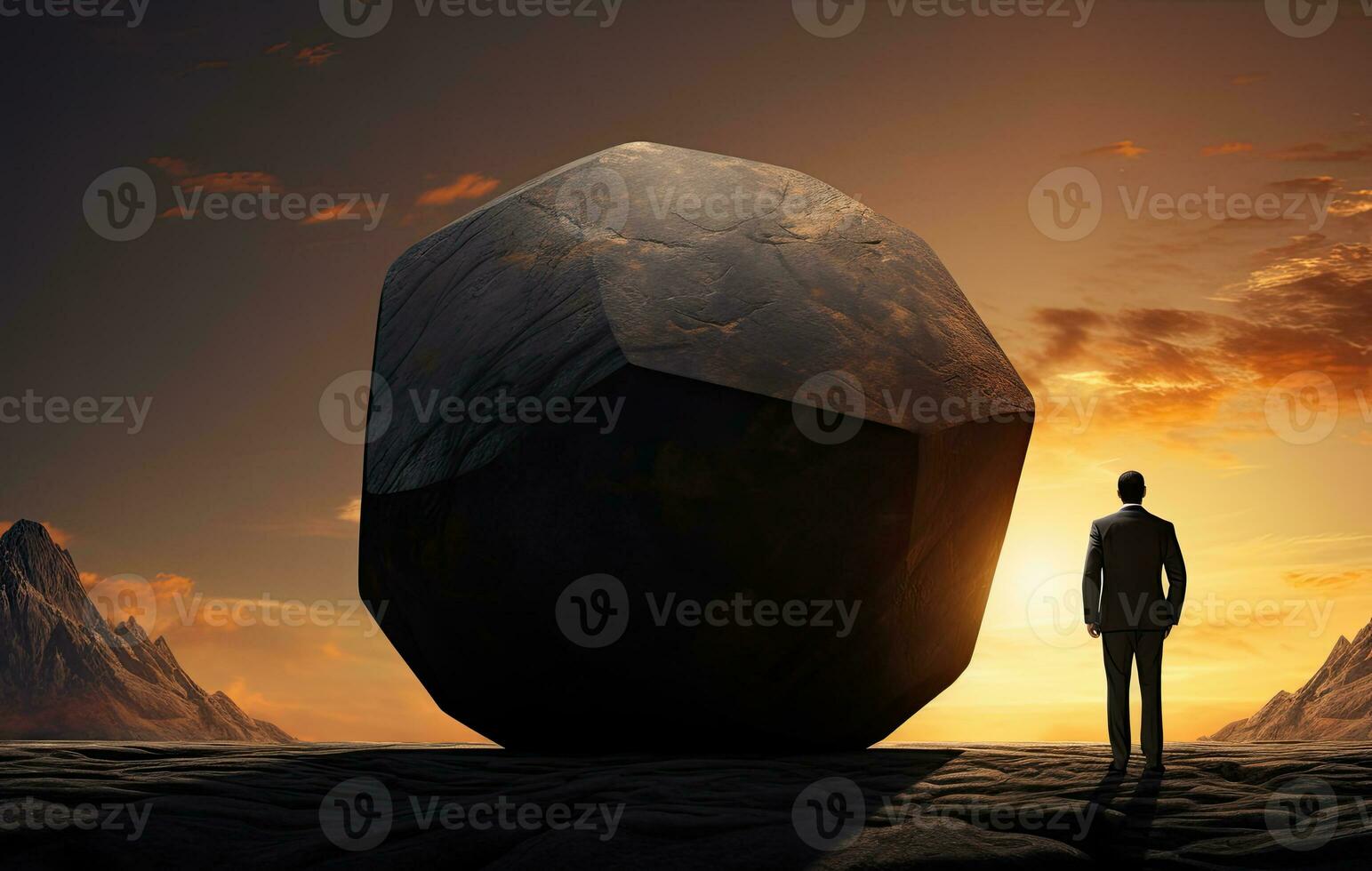 Businessman standing in front of a large boulder. Challenge concept. AI Generated photo