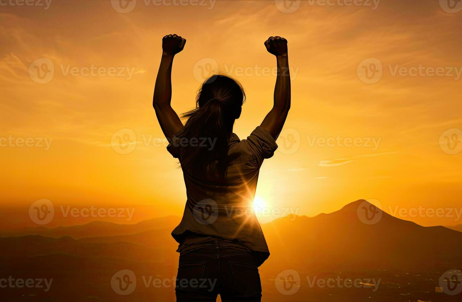 Woman with fist in the air. motivated, strength, and courage concept. AI Generated photo