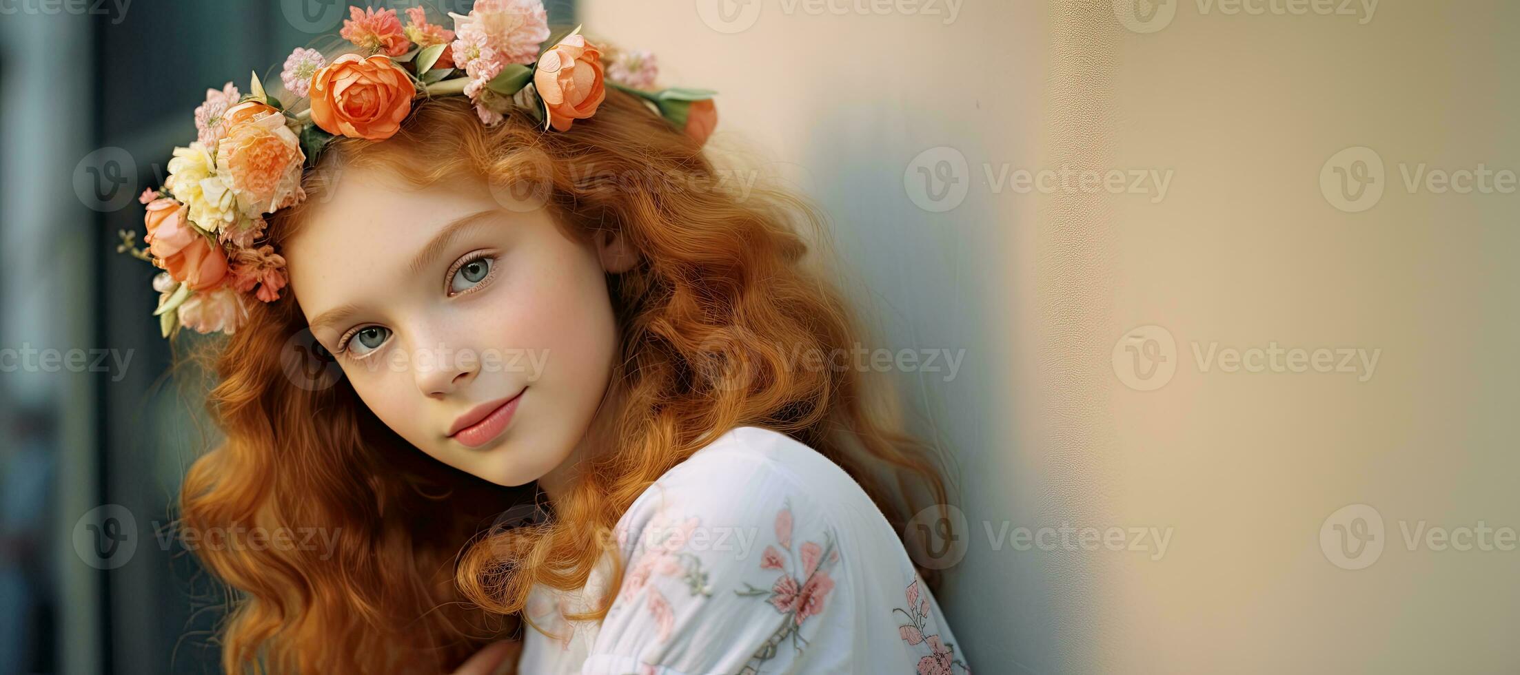 A curly-haired redhead with flowers on her hair with copy space. AI Generated photo