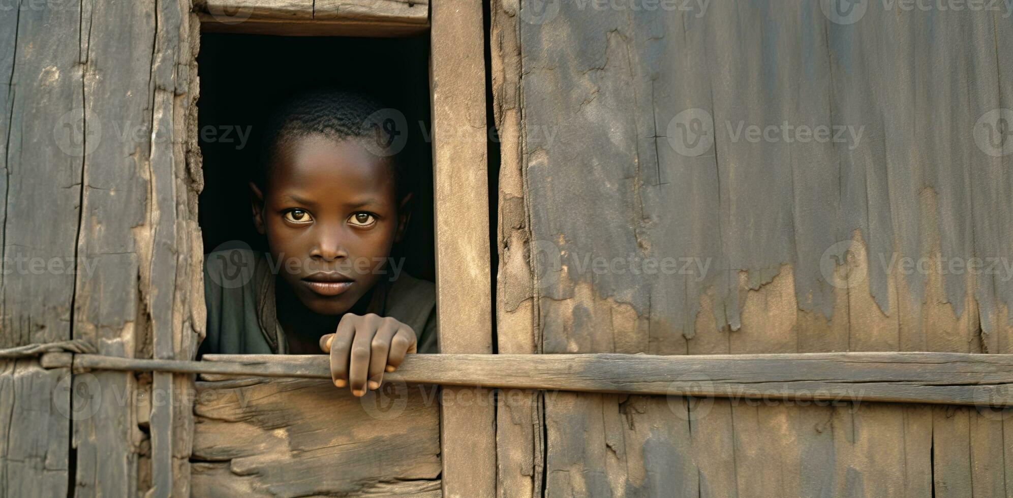 A young African boy looking out of the window. Poverty concept. AI Generated photo