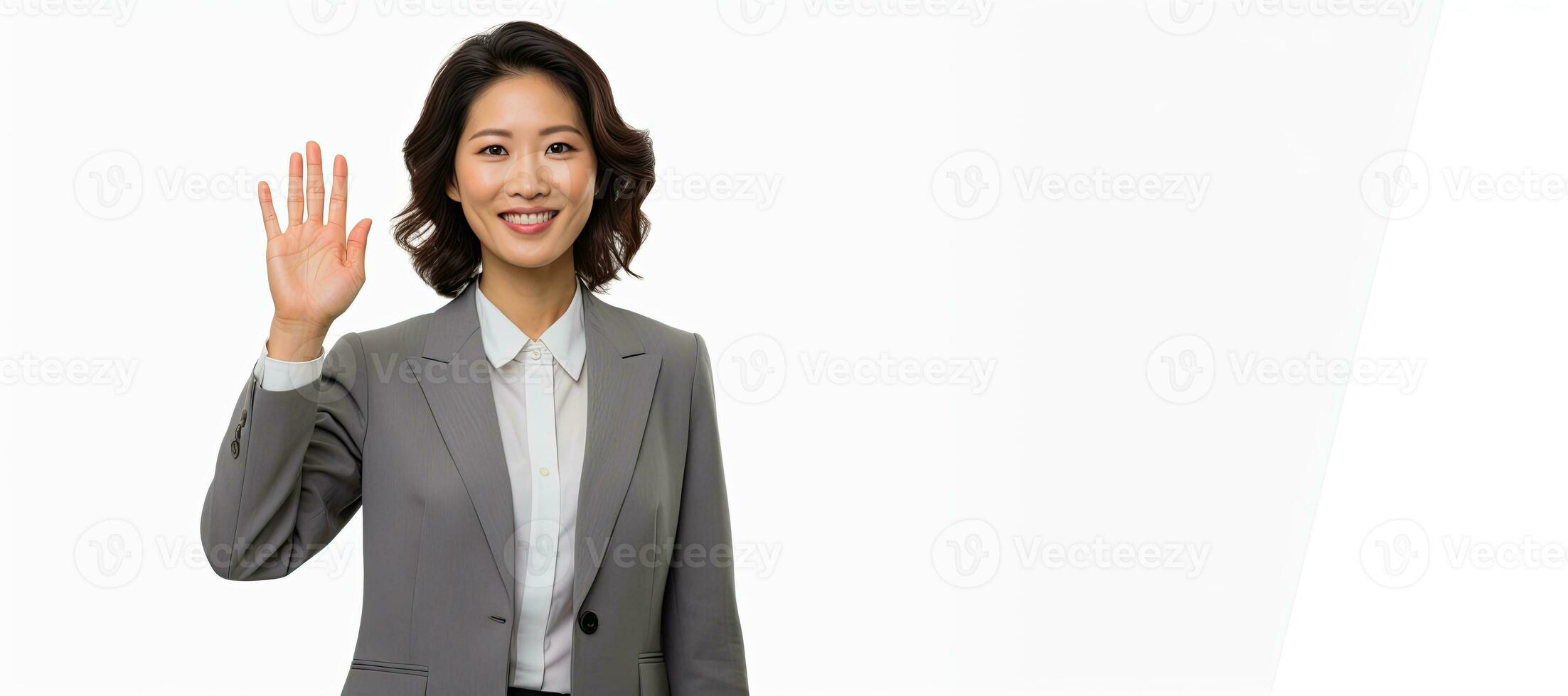 contento asiático mujer de negocios sonriente y demostración cinco dedos con Copiar espacio. ai generado foto