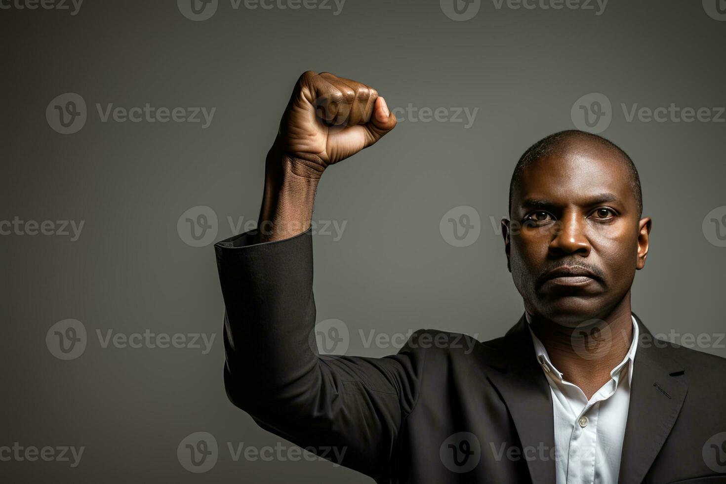 black employee clenching his fist on grey background. AI Generated photo