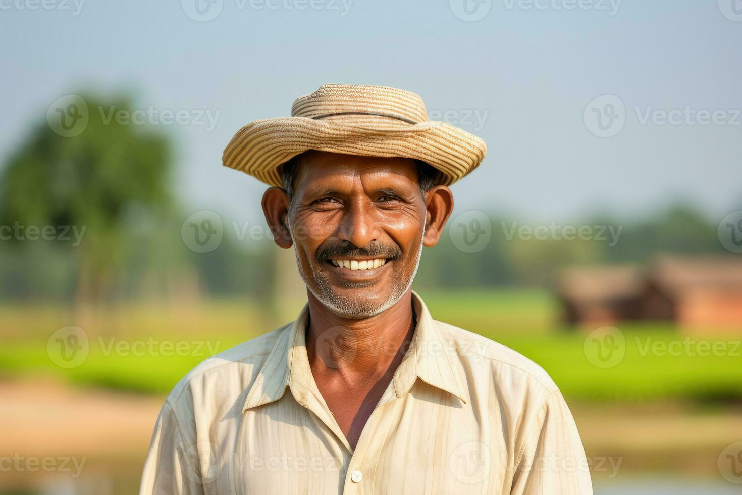 Indian middle age male farmer smiling. AI Generated photo