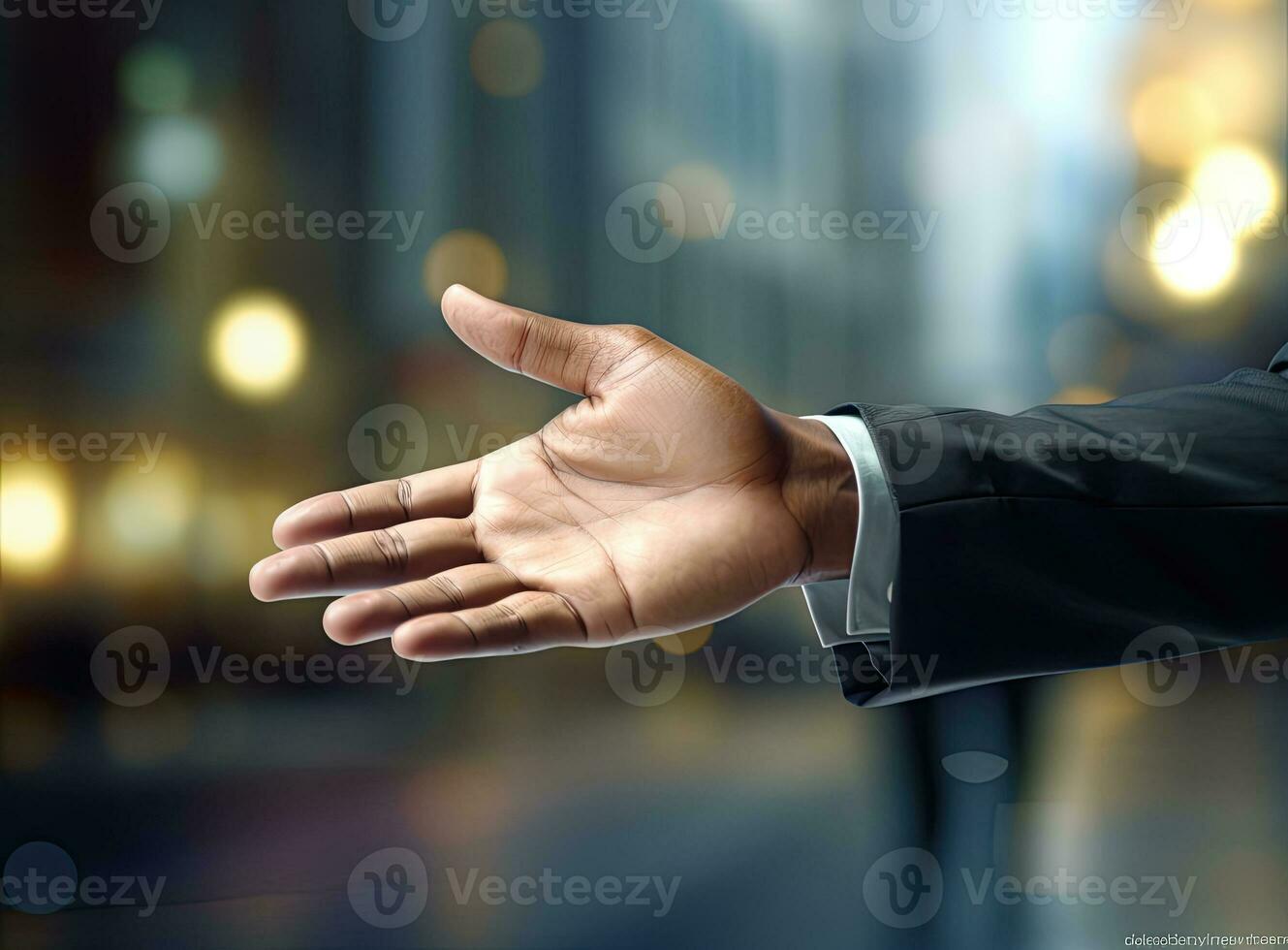 Businessman extended his hand in a handshake gesture. Business concept. AI Generated photo