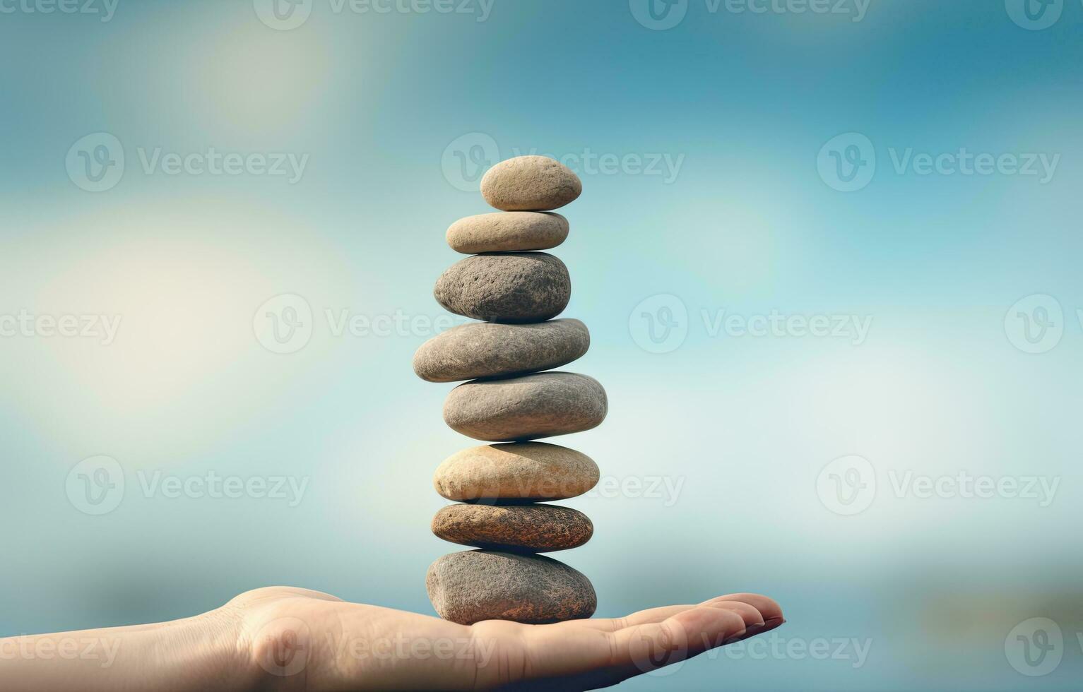 a hand holding stacks of rocks. life stability and balance concept. AI Generated photo