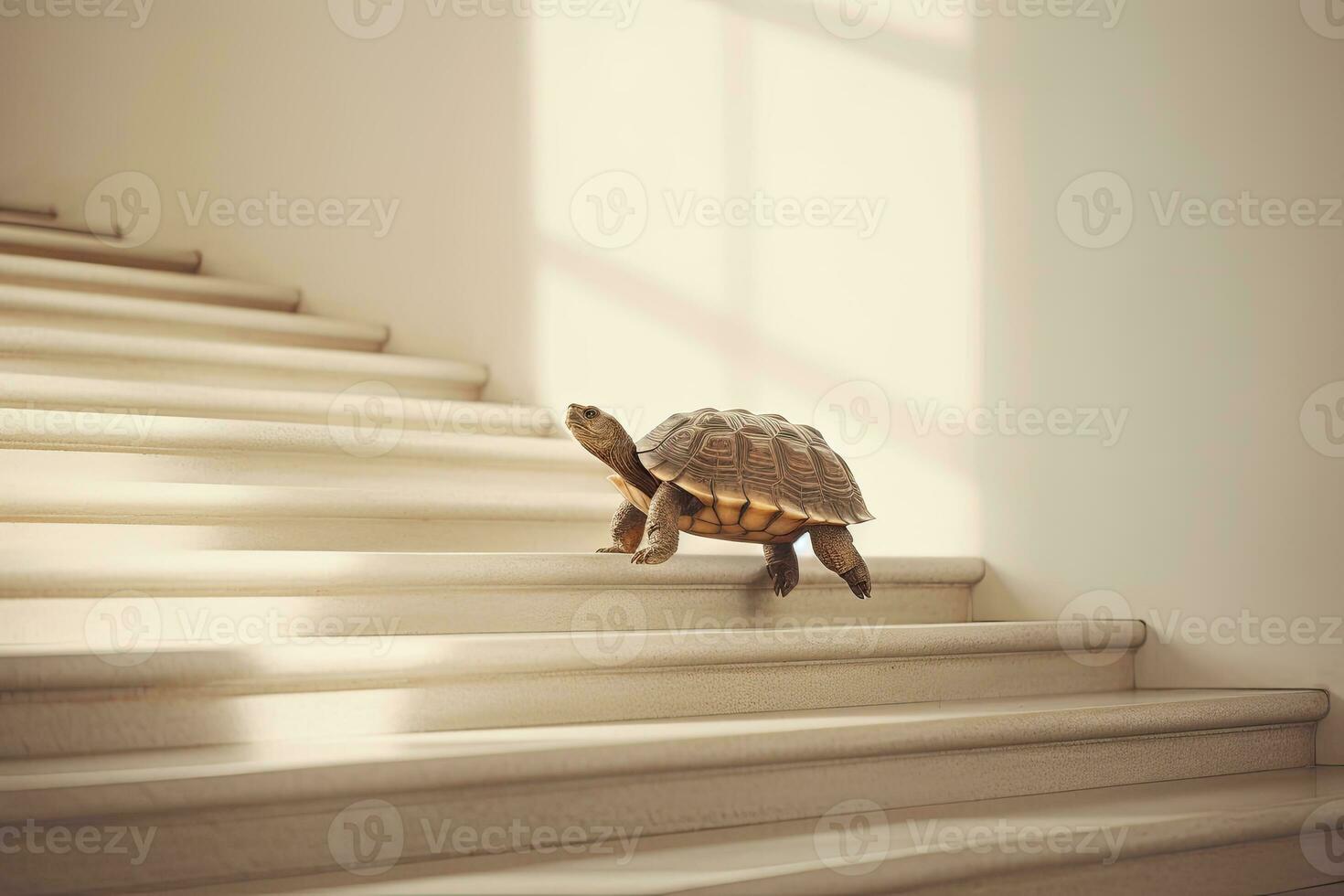 A tortoise making its way up the staircase. Determination concept. AI Generated photo