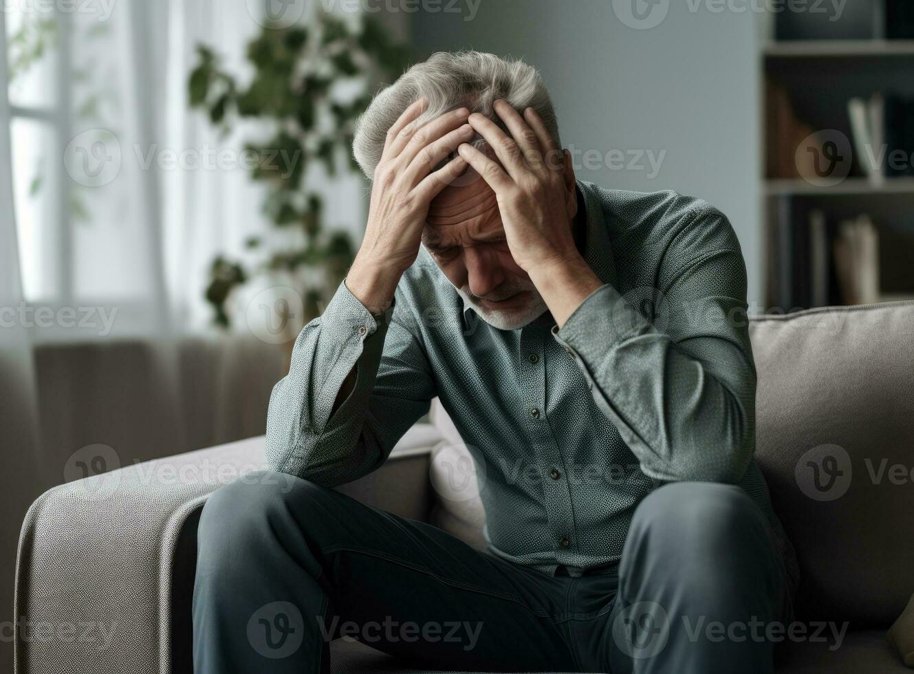 Frustrated unhappy senior man sitting on a sofa, mental health concept. AI Generated photo