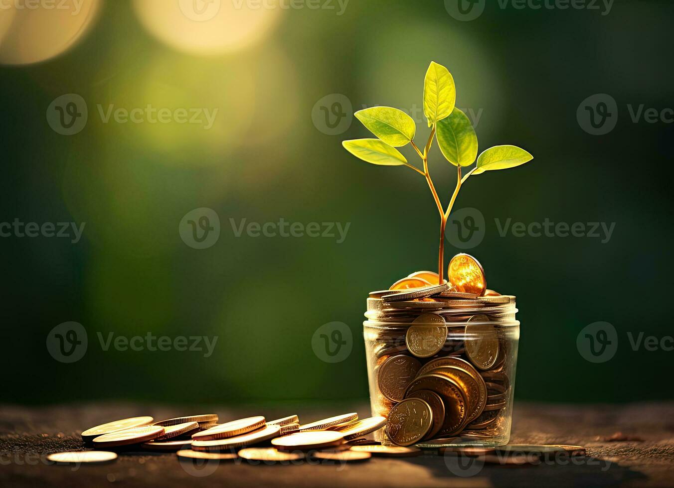 a small plant growing out of a jar of coins. AI Generated photo