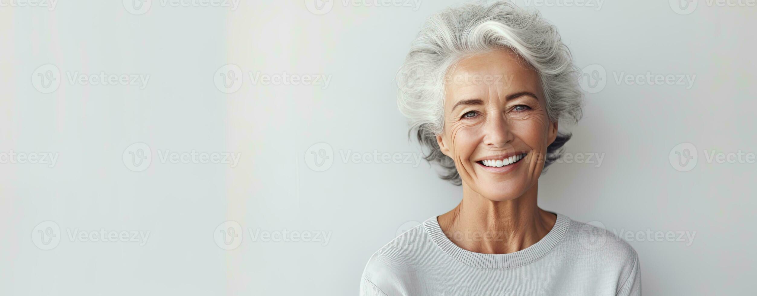 Smiling senior woman with gray hair on copy space. AI Generated photo