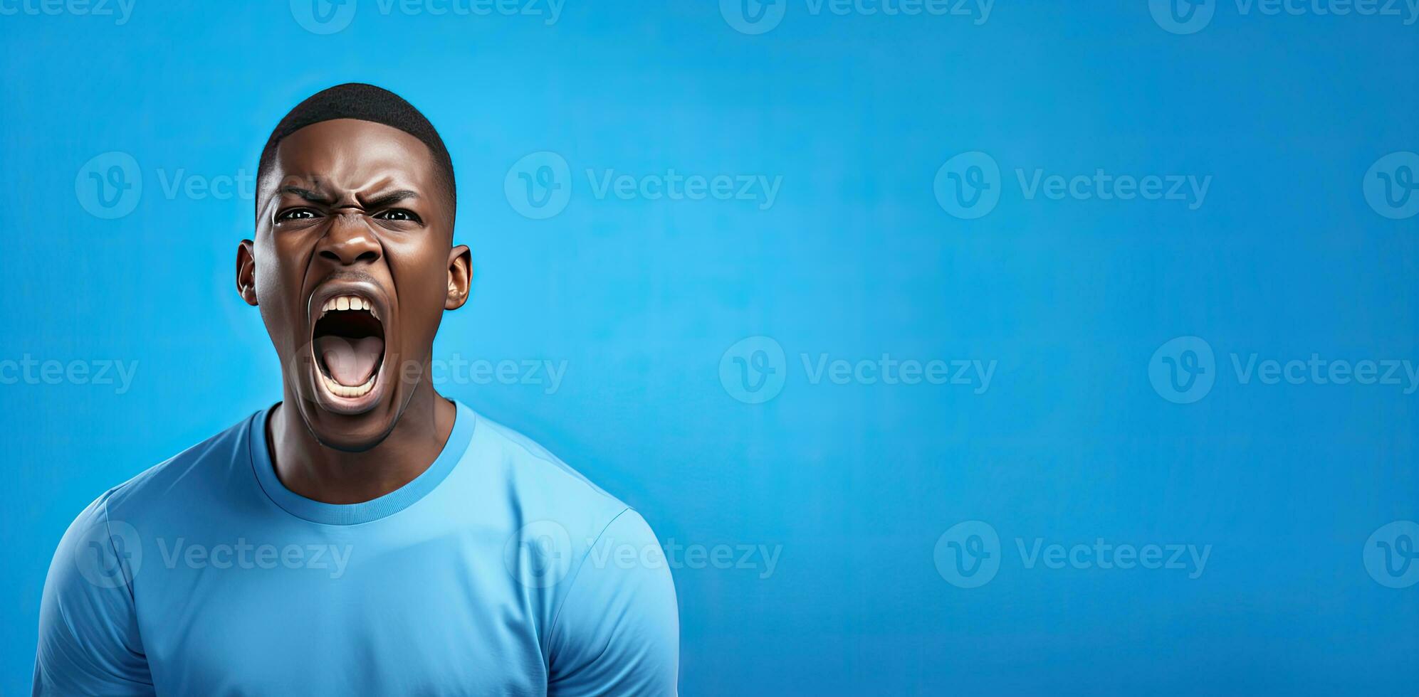 Screaming african american man isolated on blue with copy space. AI Generated photo