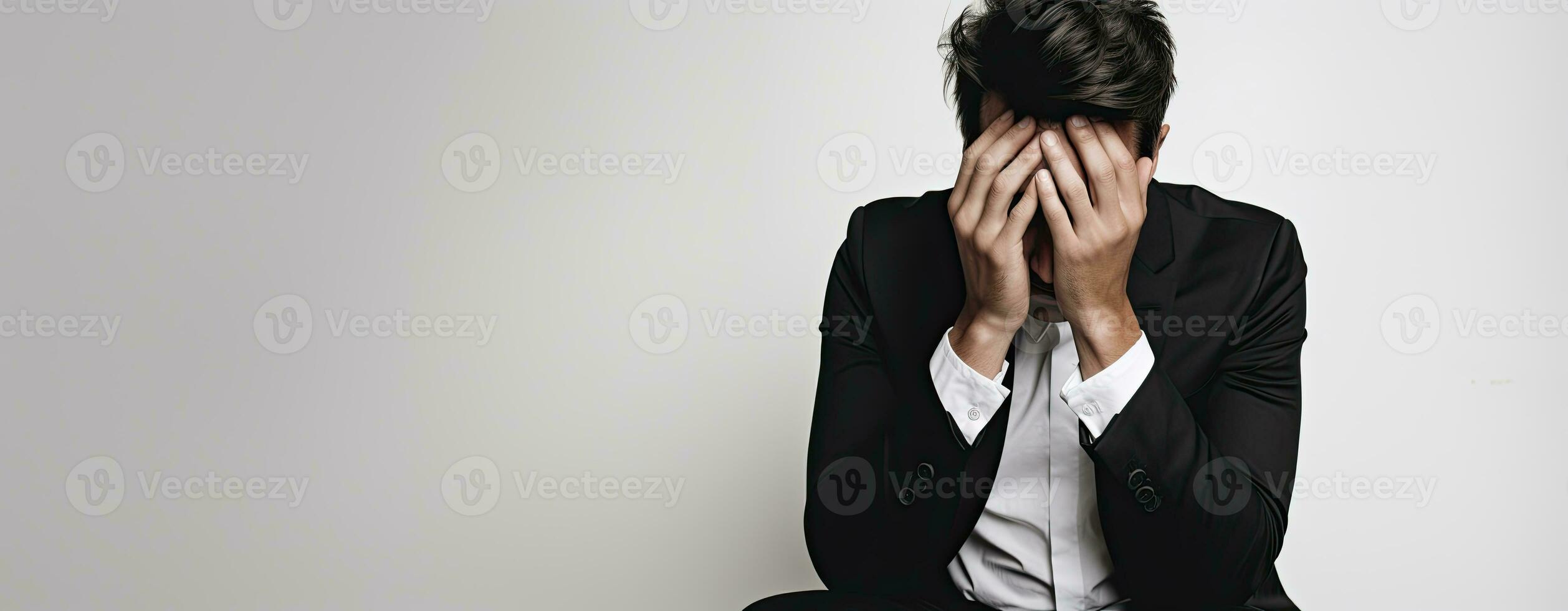 Stressed businessman covering his face with his hands. AI Generated photo