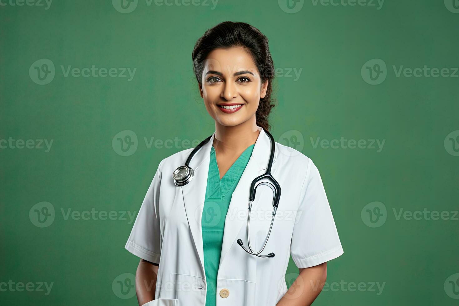 An Indian young female doctor isolated on green. AI Generated photo