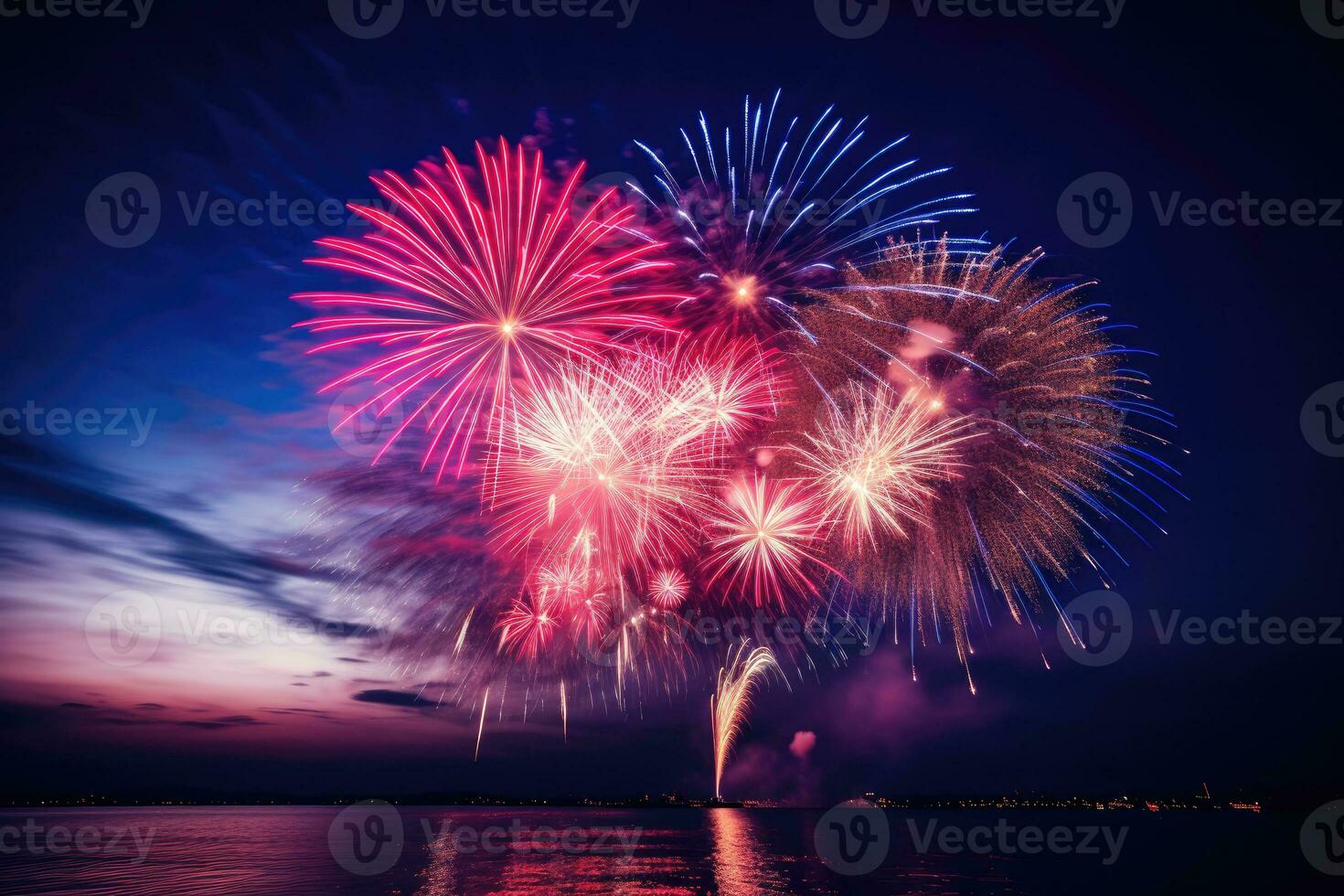 Fireworks Display over Water at Night. AI Generated photo