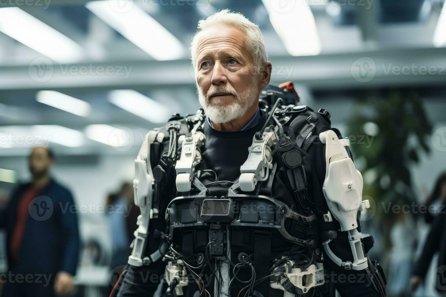 Physically disabled senior man with an exoskeleton suit. AI Generated photo
