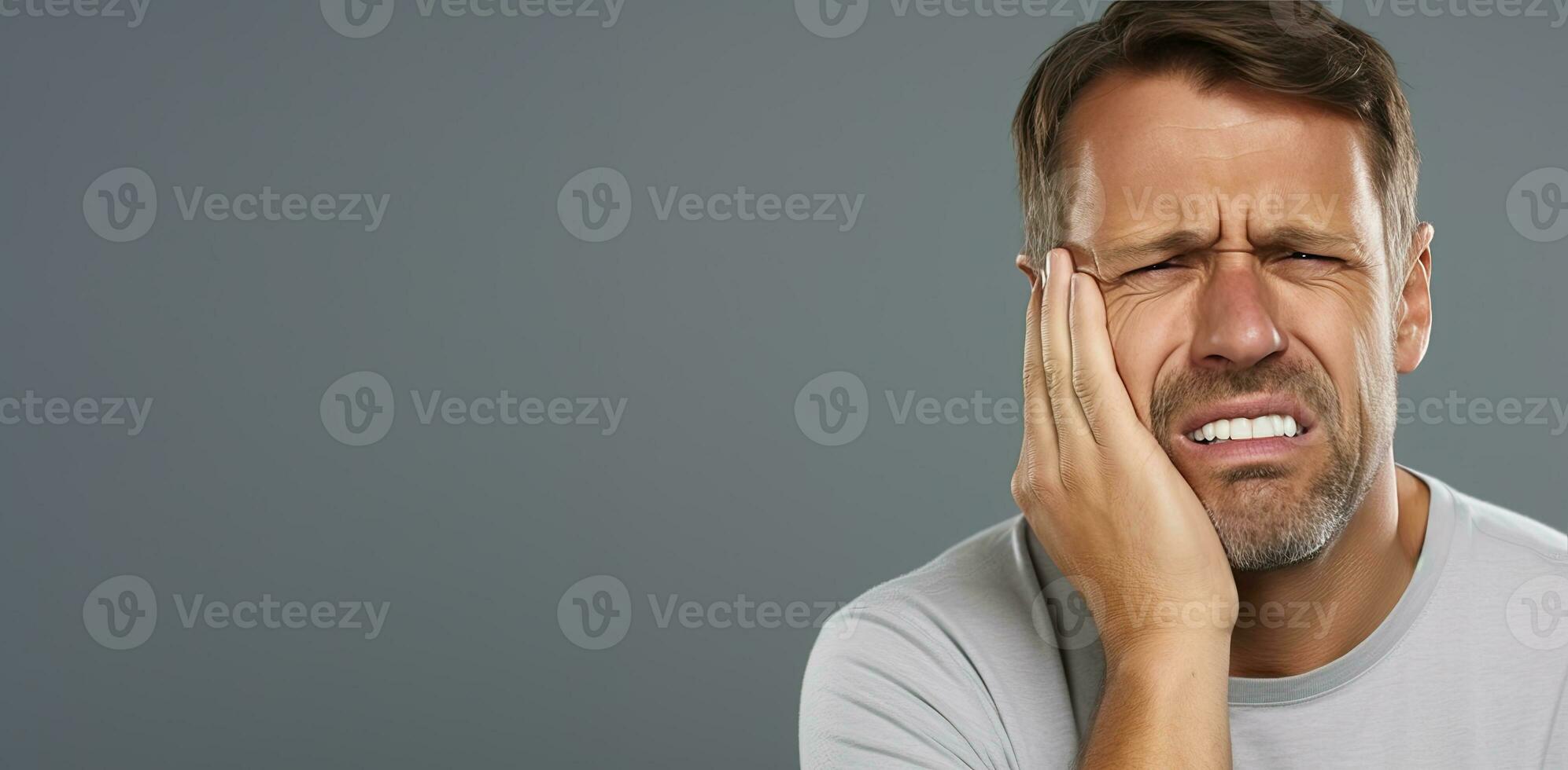 a mature man suffering from toothache isolated on grey background. AI Generated photo