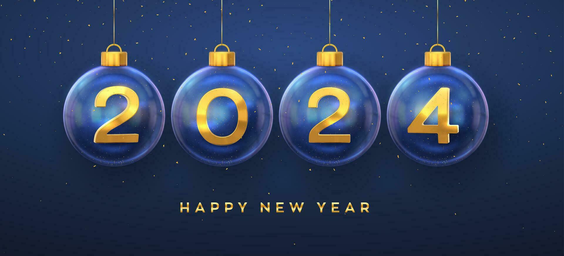 Happy New 2024 Year. Hanging Golden metallic numbers 2024 with shining snowflake and confetti on green background. New Year greeting card or banner template. Holiday decoration. Vector illustration.