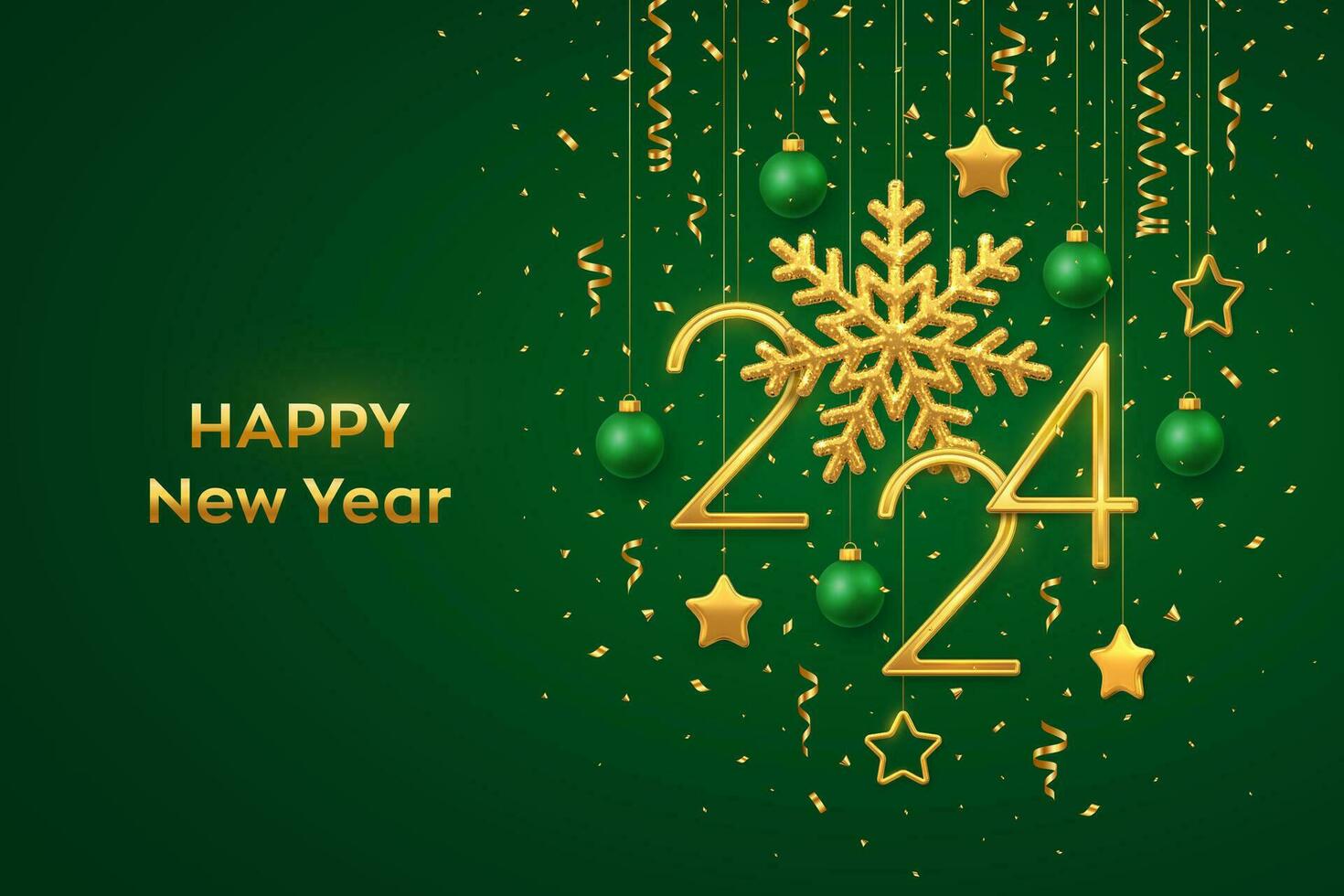 Happy New 2024 Year. Hanging Golden metallic numbers 2024 with shining snowflake and confetti on green background. New Year greeting card or banner template. Holiday decoration. Vector illustration.