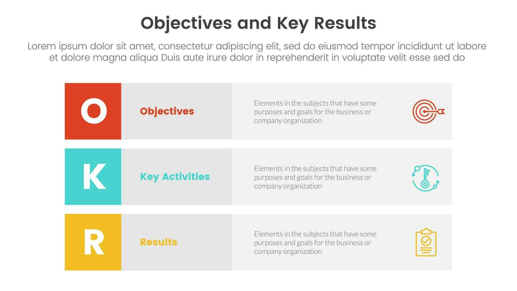 okr objectives and key results infographic 3 point stage template with 3 block row rectangle content concept for slide presentation vector