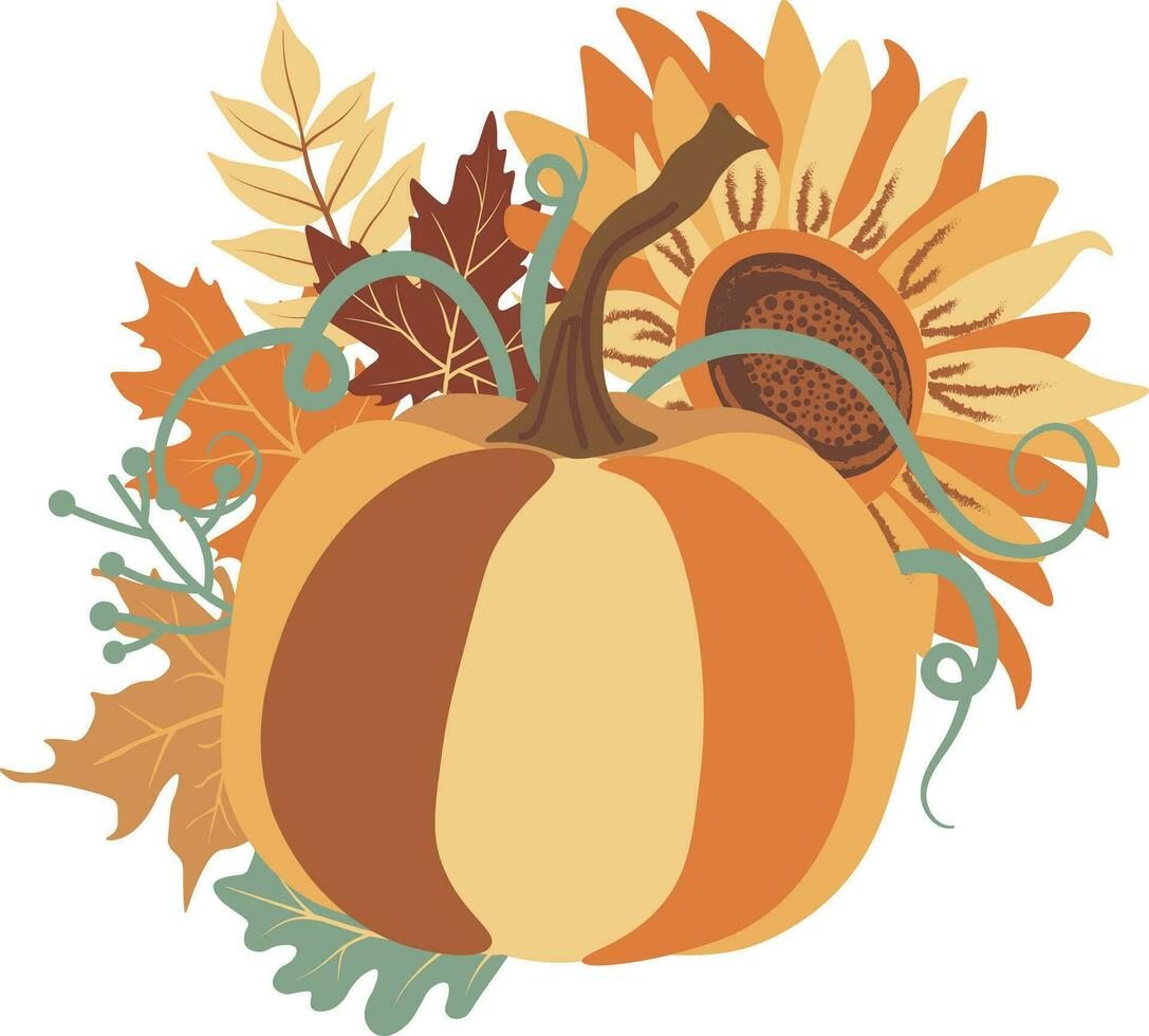 Autumn Pumpkins Sunflowers compositions isolated Vector illustration on white background